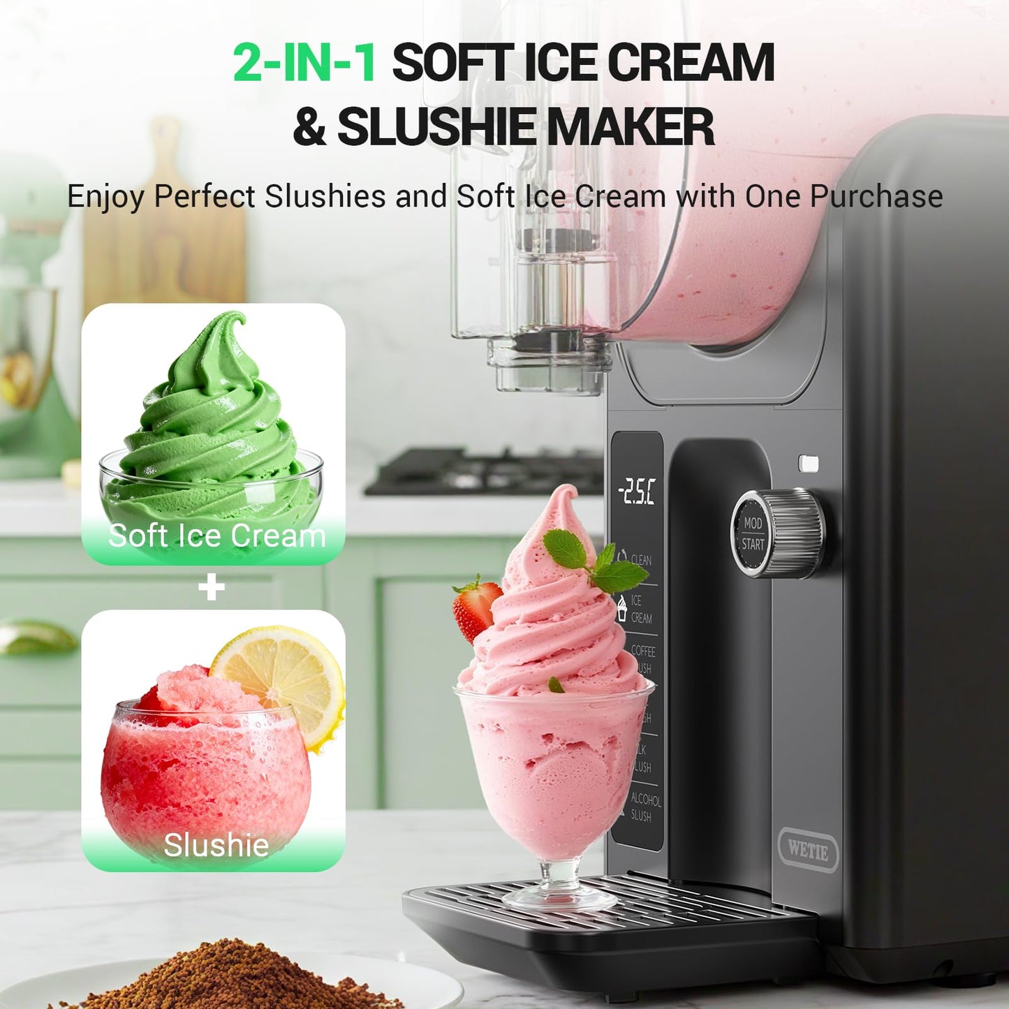 WETIE Slushie Machine, 82oz Slushy Maker with Adjustable Temperature, LED Display, Auto-Clean, 5-in-1 Frozen Drink Maker for Ice Cream, Frappés, Milkshake, Frozen Margaritas, 24H Running for Home