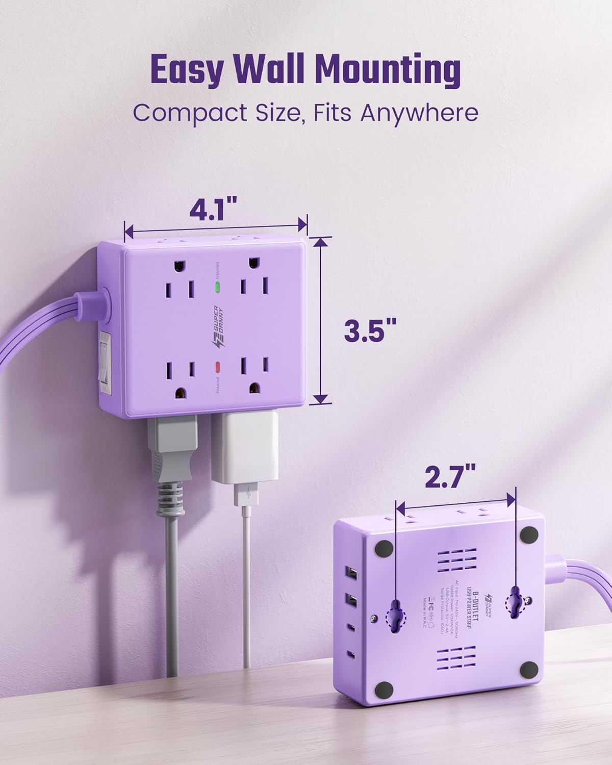 SUPERDANNY 10Ft, 8 4 (2 Purple Extension Cord Flat Plug Surge Protector Power Strip Kawaii, Outlets & USB Ports USB C)