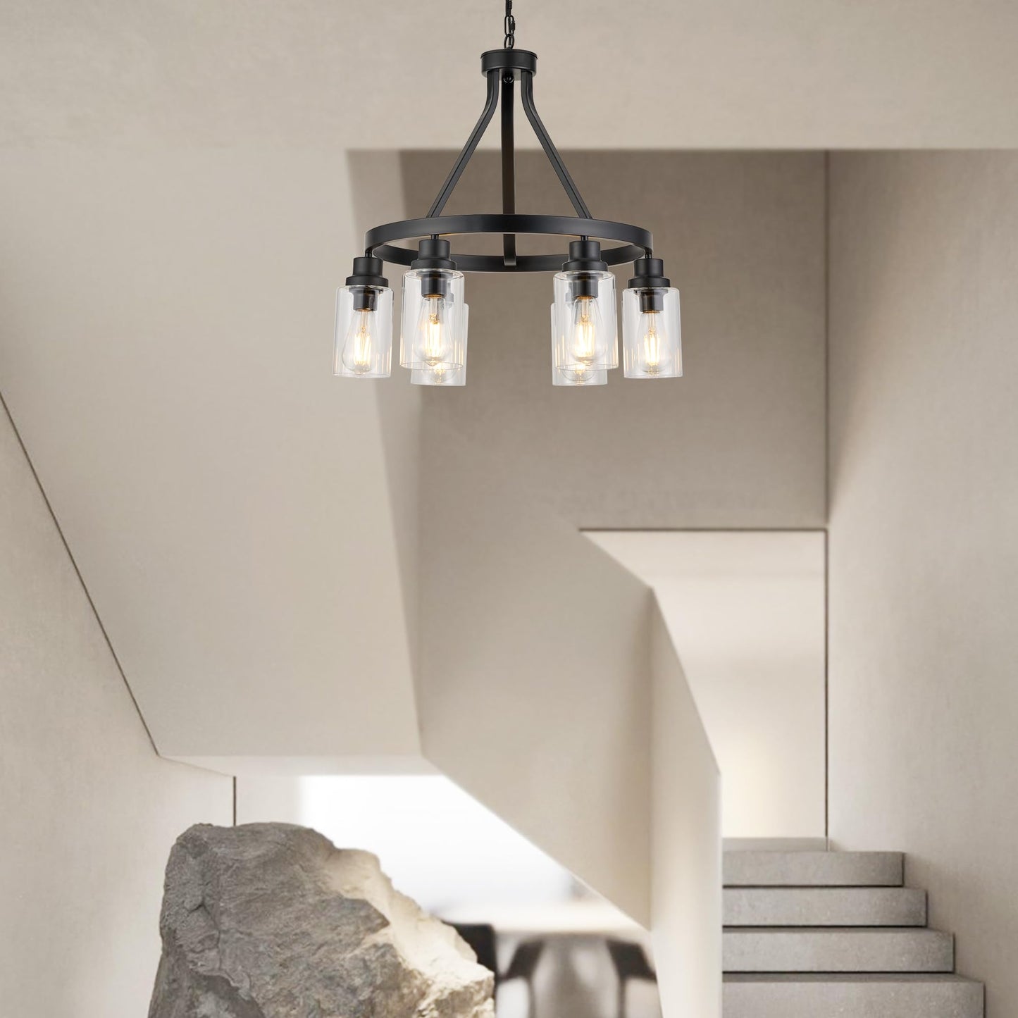 LIGOTFIRE 6-Light Farmhouse Chandelier Light Fixture Dining Room Lighting Fixtures Hanging Wagon Wheel Chandelier Kitchen Island Pendant Lights Modern Black Industrial Rustic Adjustable Height Metal