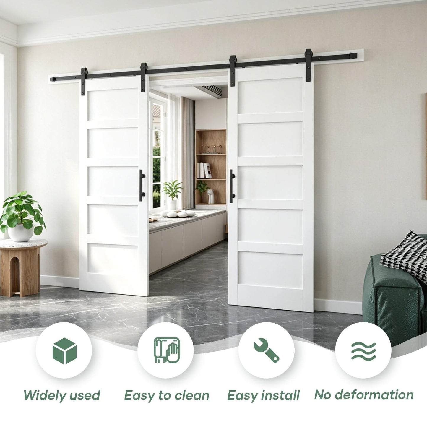 FREDBECK White Barn Door 64x80 (Double 32in x 80in) with Hardware Kit & Handle Included,5-Panel Interior Doors,Water-Proof PVC Surface,Pre-Drilled Holes,Need Assembly