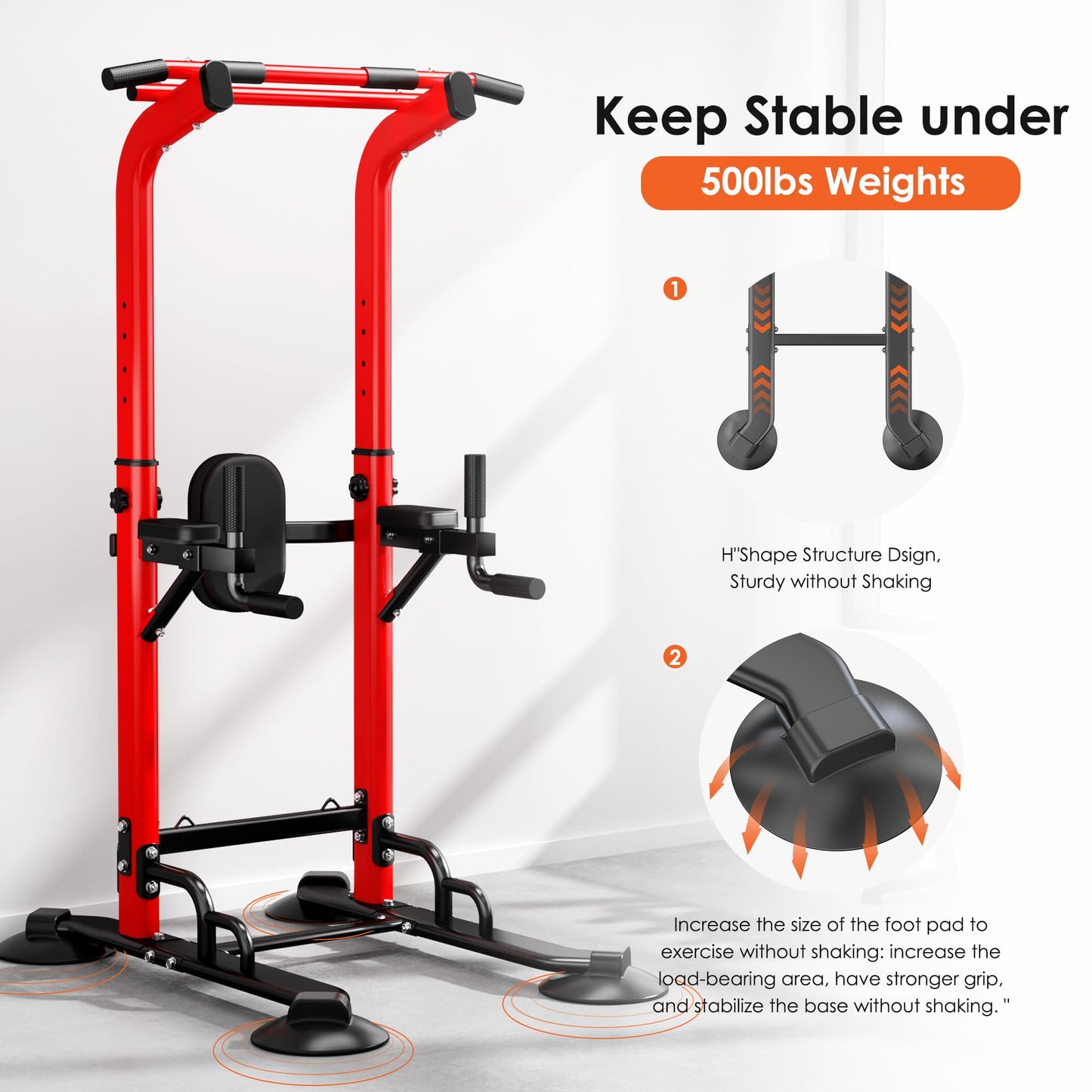 SogesPower Power Tower Pull Up Bar Station, 12-Level Adjustable Multi-Function Pull Up Dip Station for Home Gym, Pull Up Bar Stand Dip Bar Strength Training Fitness Equipment, Red with Resistance Bands