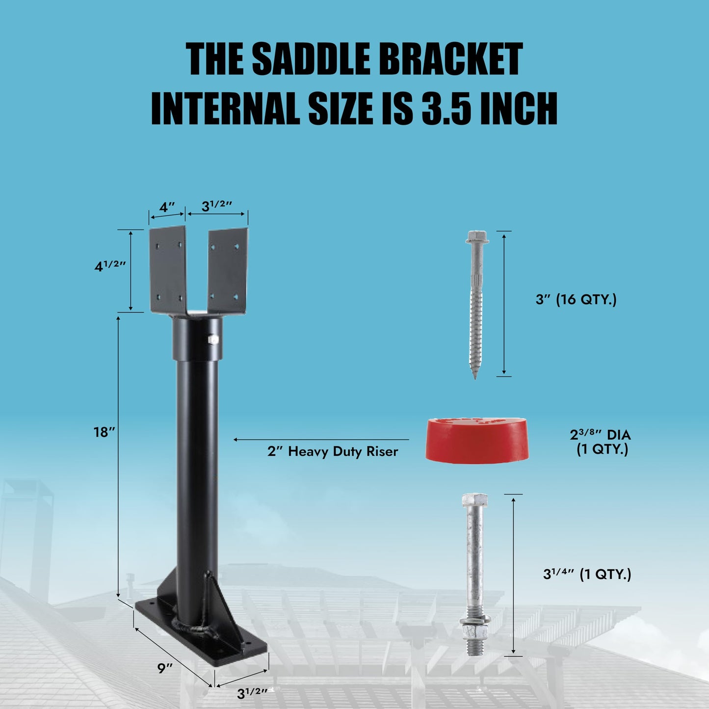 SkyLift 18" Riser, 3-1/2" Saddle, Heavy Duty, Black Roof Riser