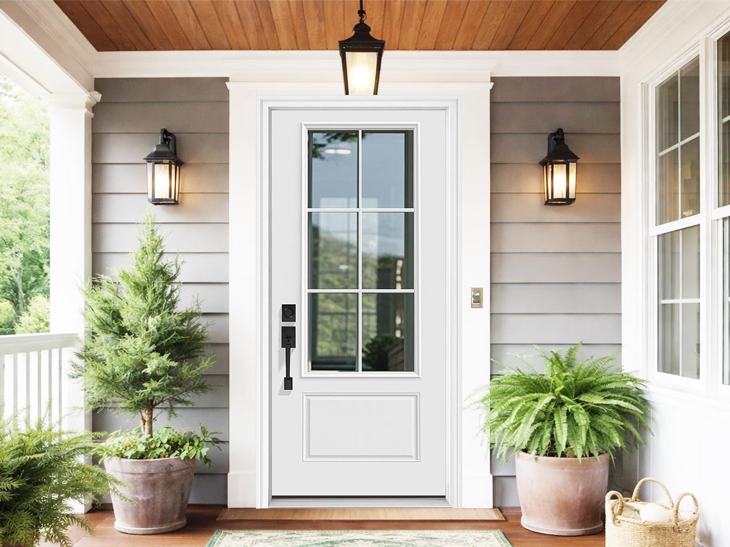 KHSHOW 36 x 80 Fiberglass Entry Door with Brickmould, Vinyl Frame,6 Lite 3/4 View Clear Low-E Glass-Right Hand Inswing-White Smooth Prime Knock-Down Door