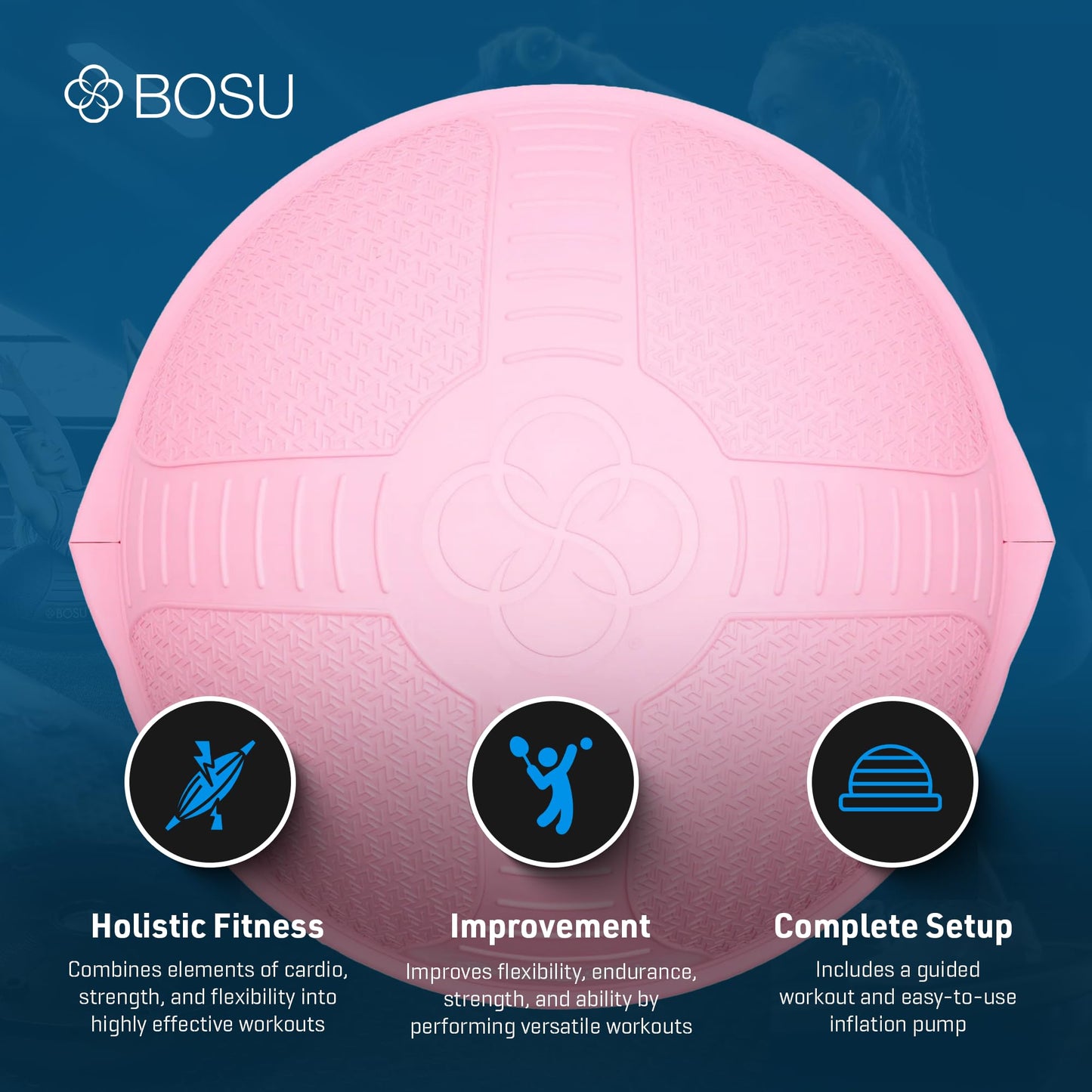 BOSU Pro Balance Trainer, Half-Ball Training Equipment, 350 lb Capacity - Stability Exercise Tool with Non-Slip Base, Includes Hand Pump, Pink