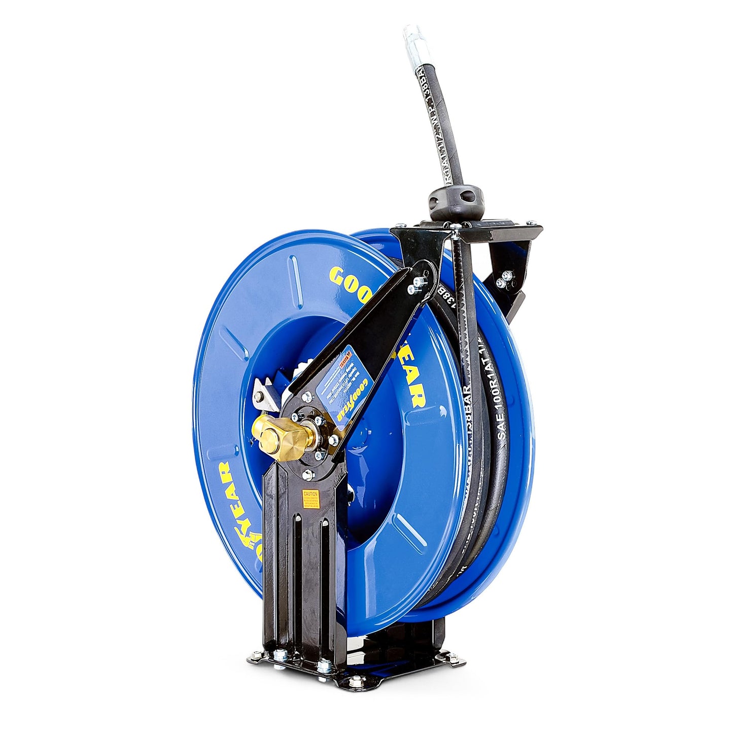 Goodyear Oil Hose Reel Retractable 1/2" Inch x 50' Foot Long Premium Commercial SAE 100R1AT Hose Max 2320 Psi Steel Construction Elite Heavy Duty Industrial Spring Driven Dual Arm and Pedestal