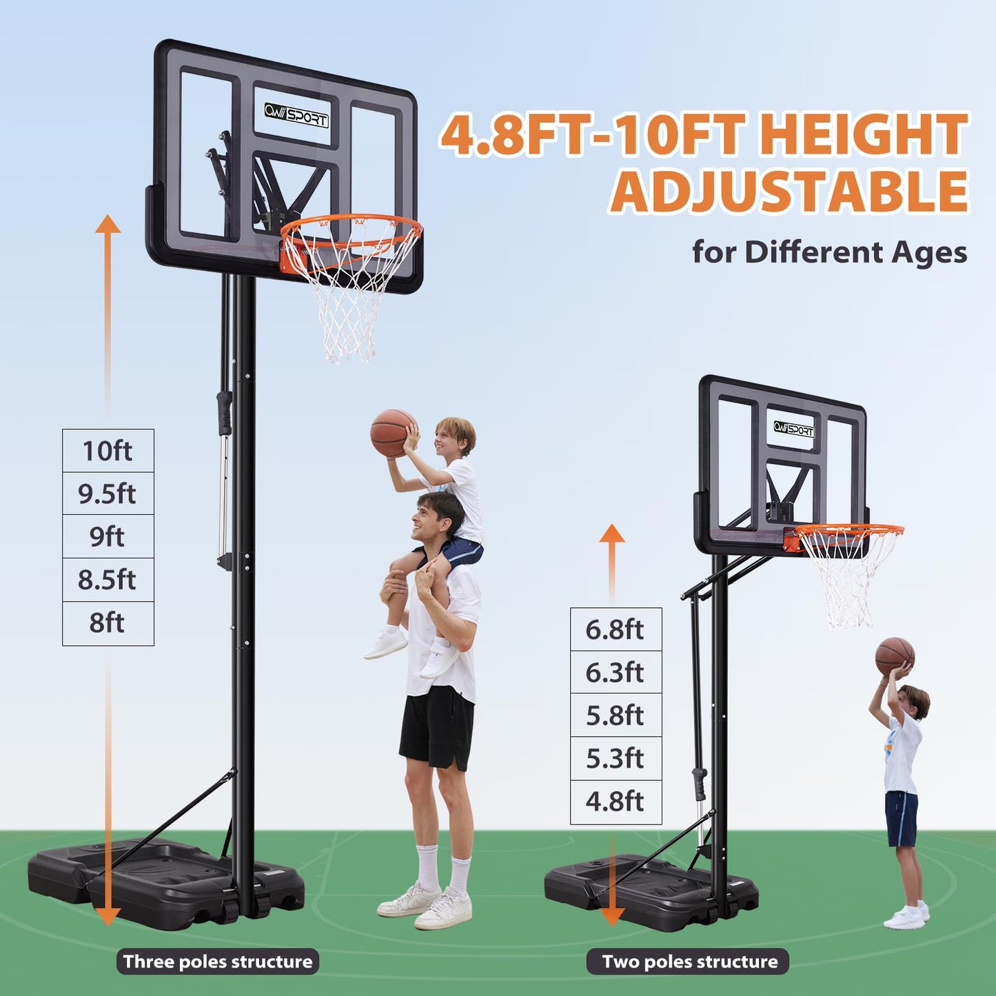 AWII SPORT Basketball Hoop Outdoor Protable 40/44/48 Inch Impact Backboard, 4.8-10FT Height Adjustable Basketball Hoop Goal System with Wheels for Adults