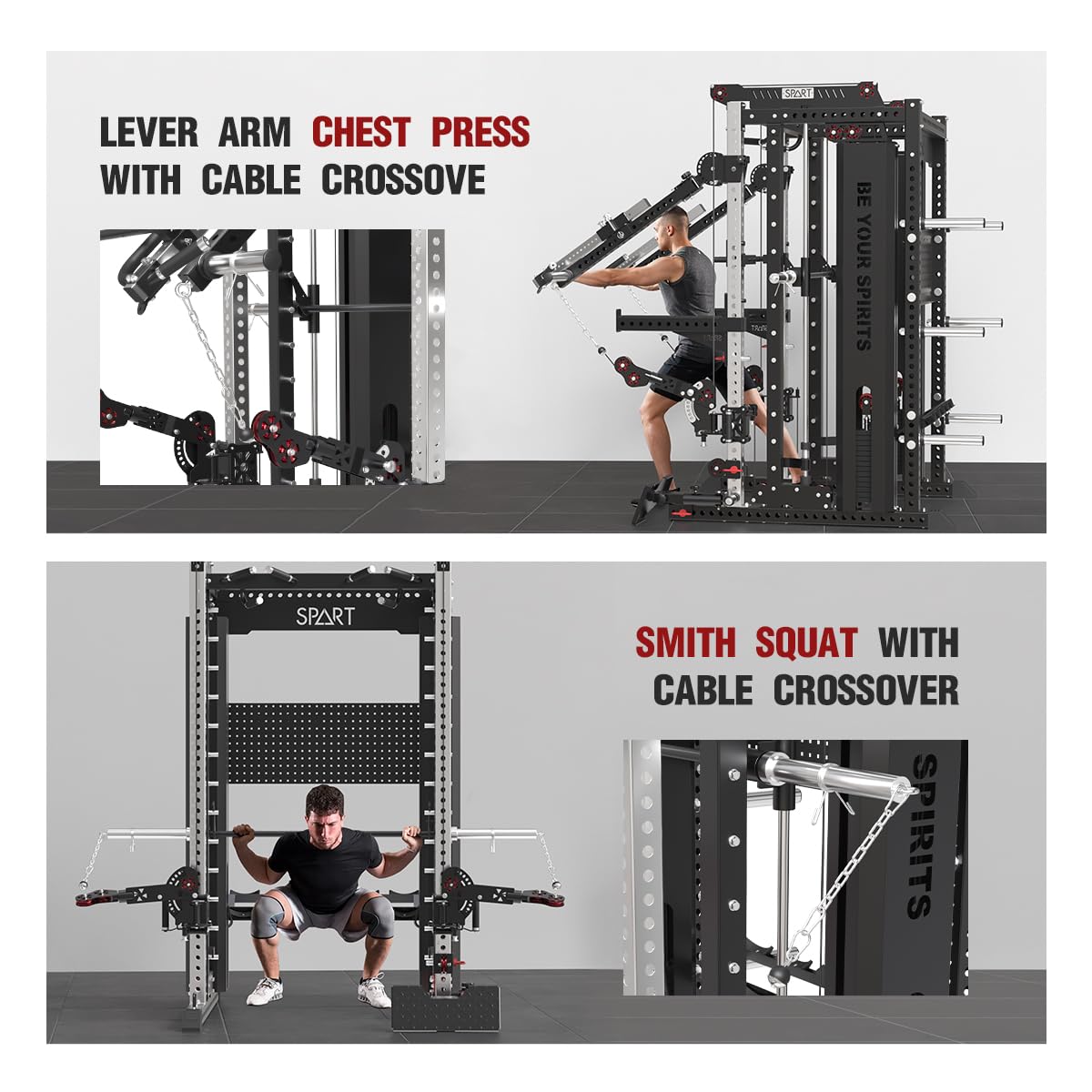 Commercial Smithe Machine with Weight Stack, All-in-One Power Cage Squat Rack Home Gym System with Leg Press Attachment & Cable Crossover, Multi-Functional Trainer with Dual Pulley System for Home Gym