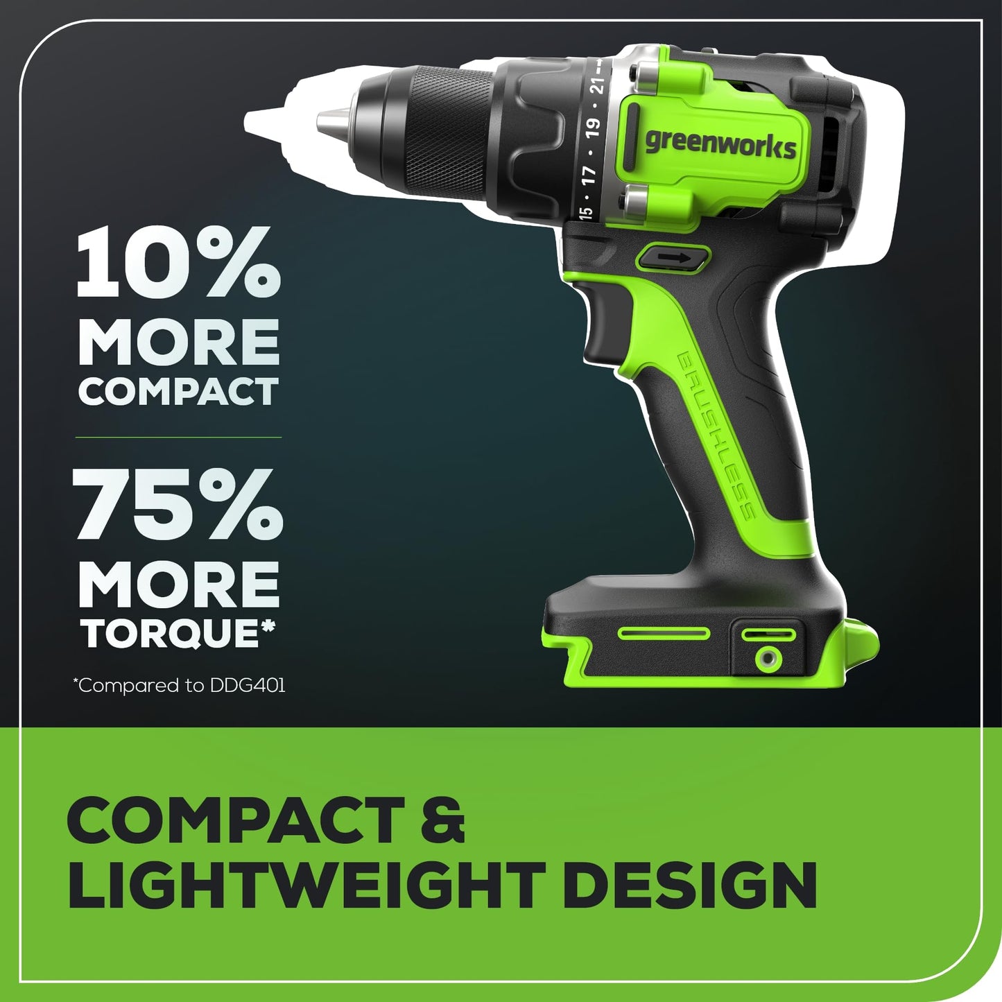 Greenworks 24V Brushless Cordless Compact 1/2 in. Drill/Driver Kit (Keyless Ratcheting Metal Chuck /530 in.-lbs. /21+1 Clutch Position/LED Light), 2×2Ah Battery and Fast Charger Included