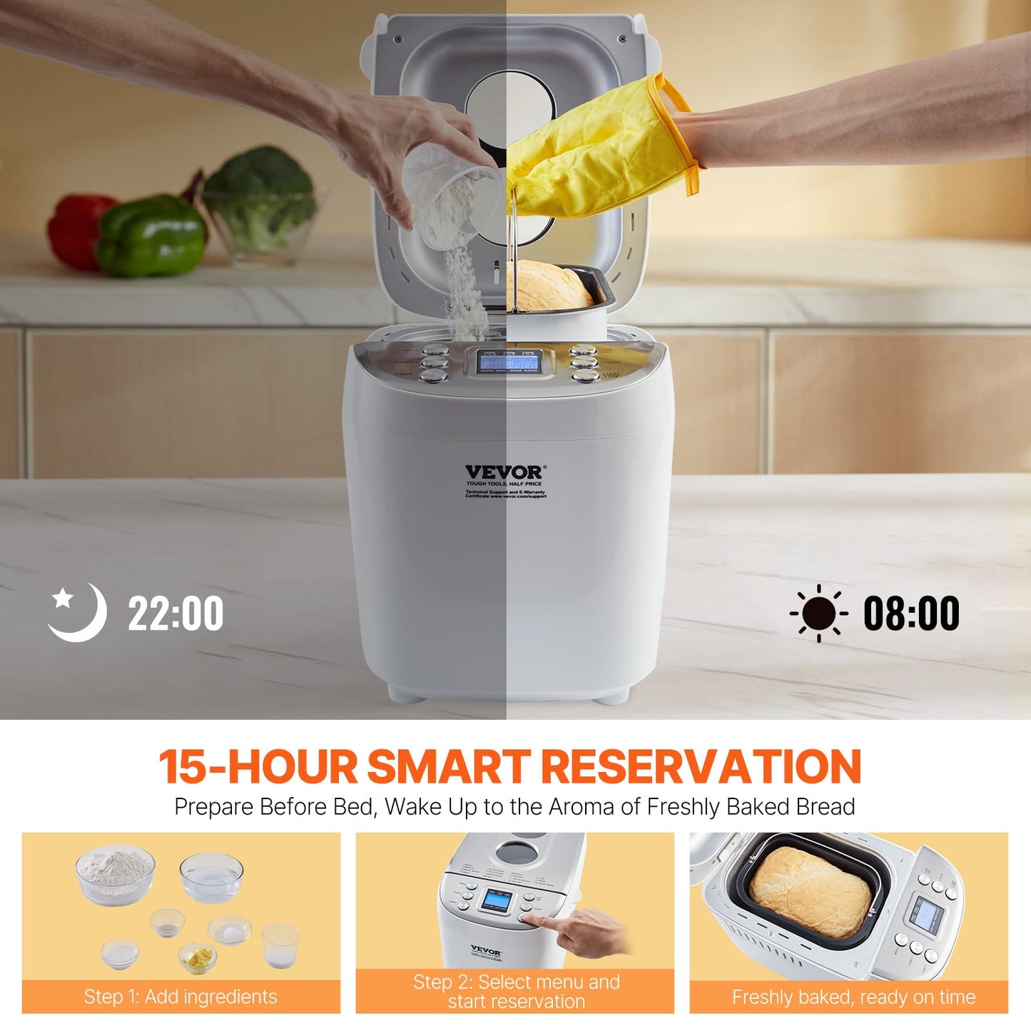VEVOR Bread Maker, Dough Machine 15 Menus in 1, Non-Stick Ceramic Pan Automatic Breadmaker with Non-Gluten Setting, Whole Wheat Bread Making, Digital, Programmable, 3 Loaf Sizes, 3 Crust Colors, White