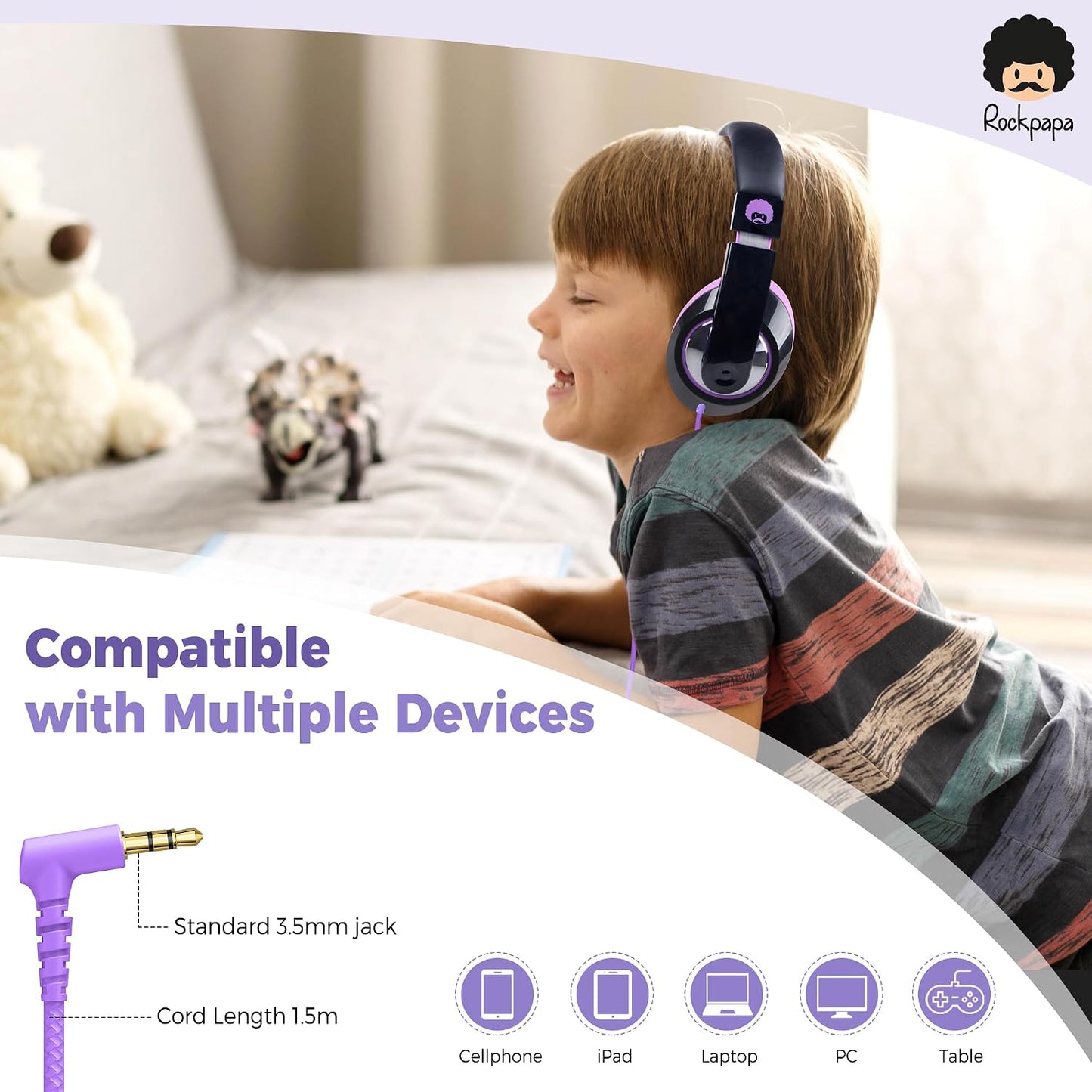 3.5mm 4.9ft rockpapa Comfort Kids Headphones for School, Lightweight Foldable Portable Childs Boys Girls Teens
