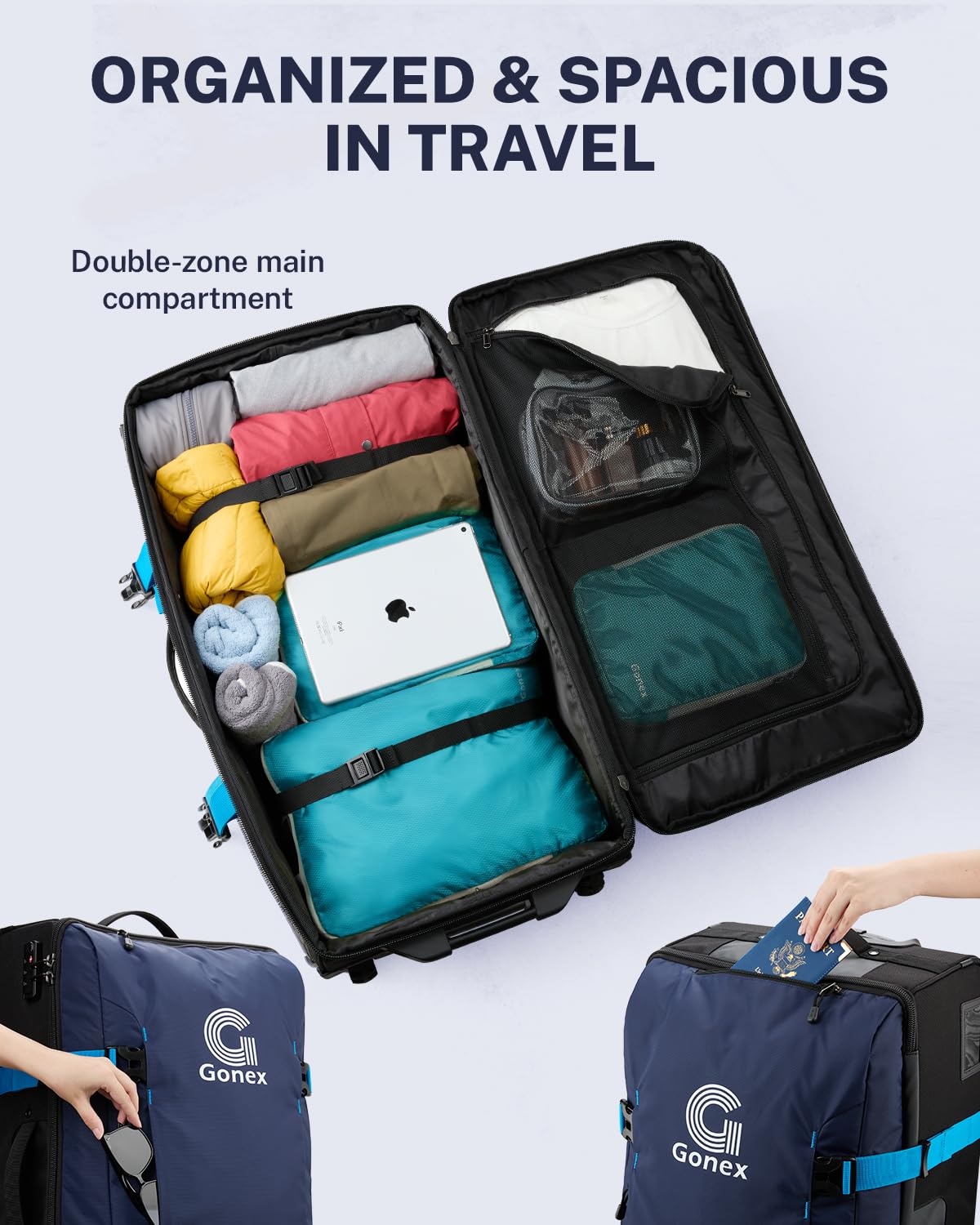 Gonex Rolling Duffle Bag with Wheels, Water-repellent 90L Nylon Large Wheeled Travel Duffel Luggage with TSA Lock & Telescopic Handle 30 inch, Dark Blue