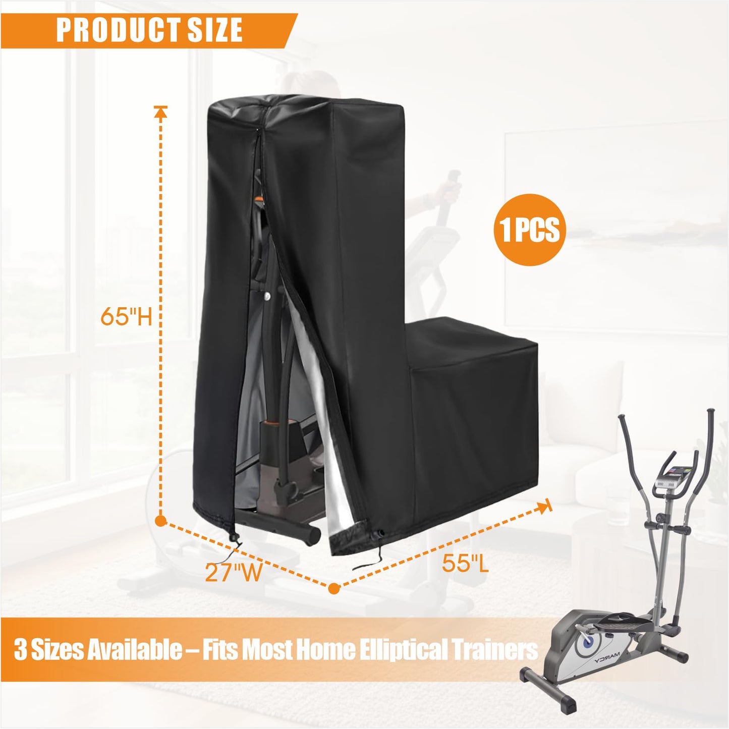 Qkansiw Elliptical Exercise Machine Cover, 420D Heavy-Duty Oxford Waterproof & Dustproof Protective Cover for Indoor Elliptical Trainers, 1Pcs (65" H × 27" W × 55" L)