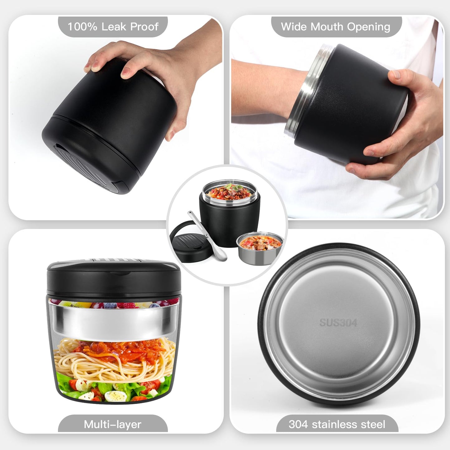 Godobo Thermo for Hot Food 40oz, Vacuum Insulated Food Jar for Adults, Stainless Steel Soup Thermo Wide Mouth Leakproof Lunch Containers with Spoon for School Office (Black)