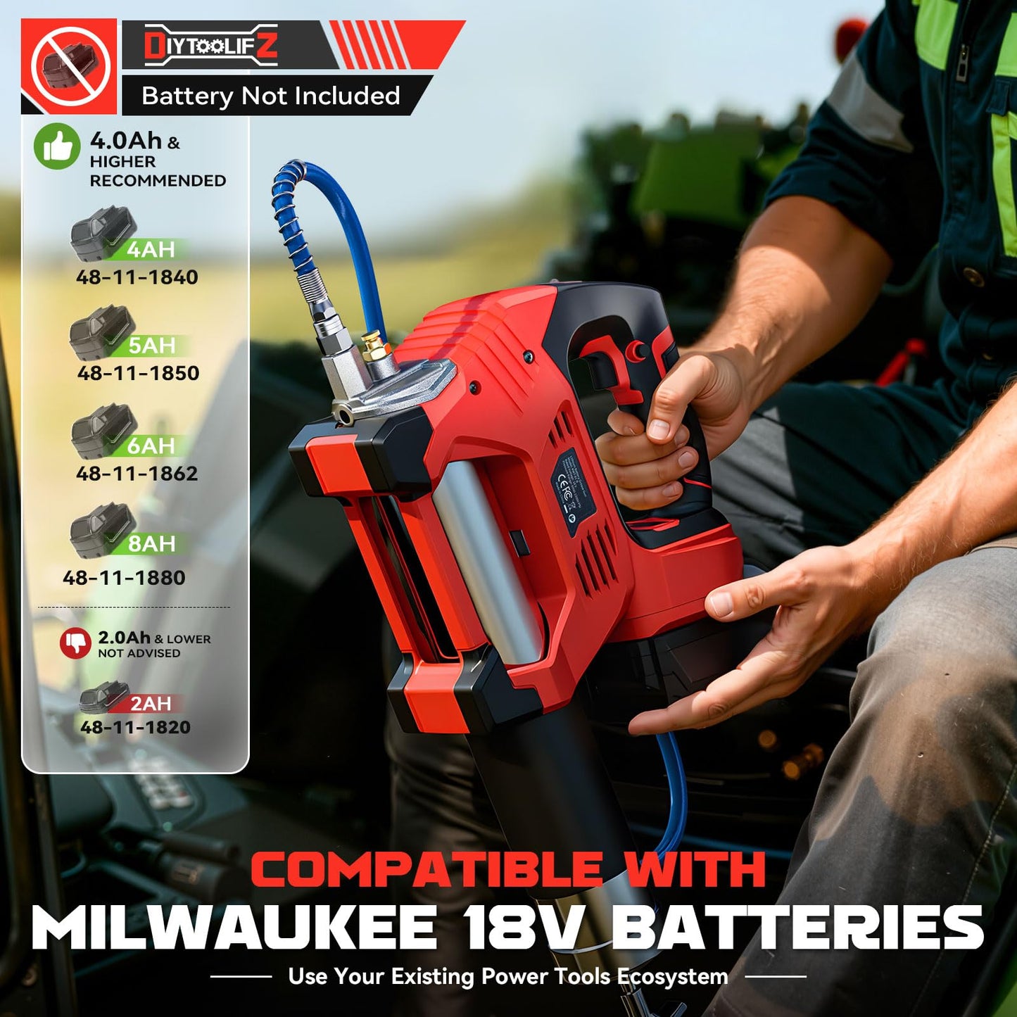 DIYtoolifz Cordless Grease Gun Compatible with Milwaukee 18V Battery, 12000PSI High Pressure, 3-Speed&Brushless Motor, 9oz/min Flow, 2-in-1 for Cartridge/Bulk Grease, 39.4”Hose&4 Couplers(Tool Only)