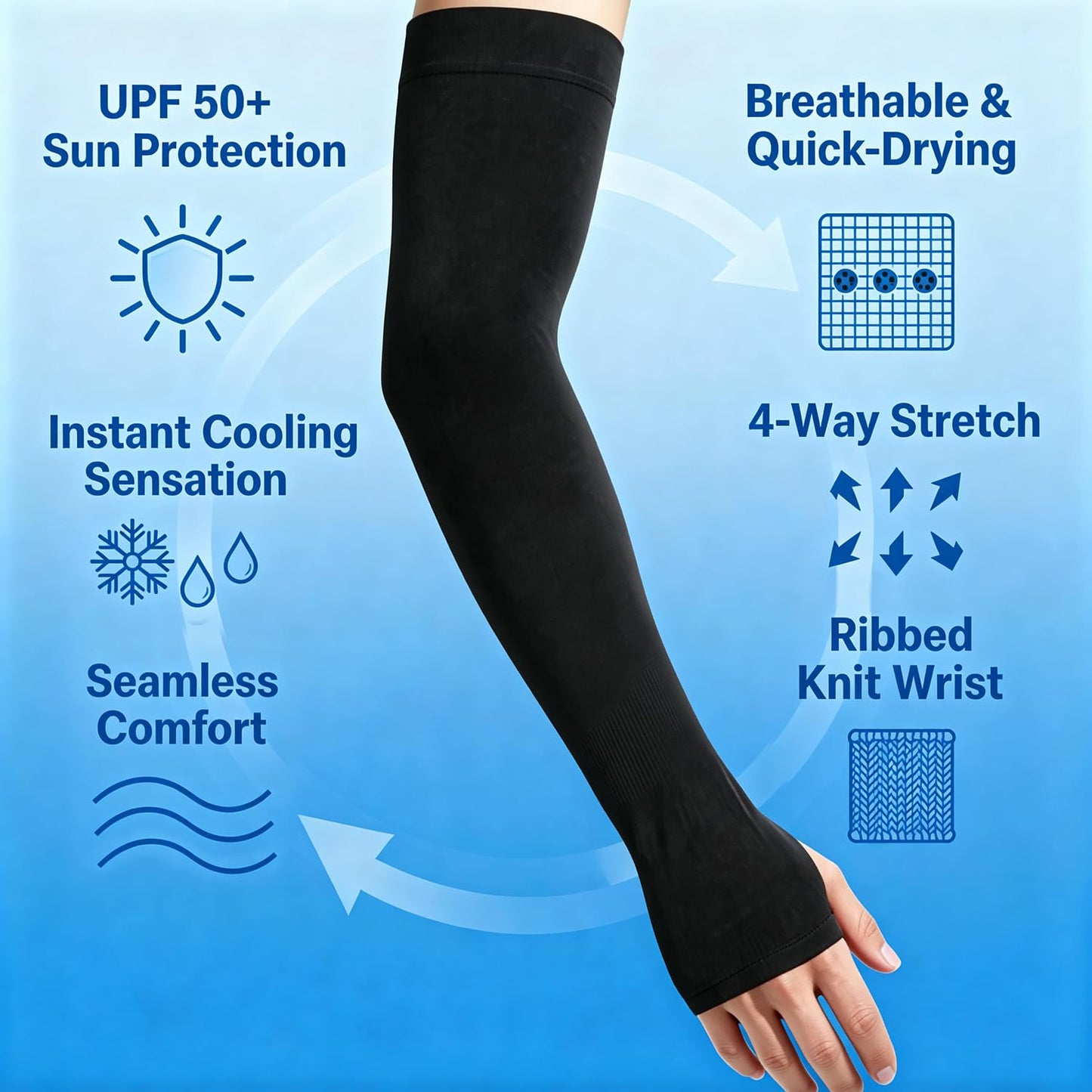 JUSDIQIR Sun Protection Arm Sleeves With Thumb Holes for Men Women, Cooling Compression UV Arm Cover, Outdoor Sports Sleeve (Black 1 pair)