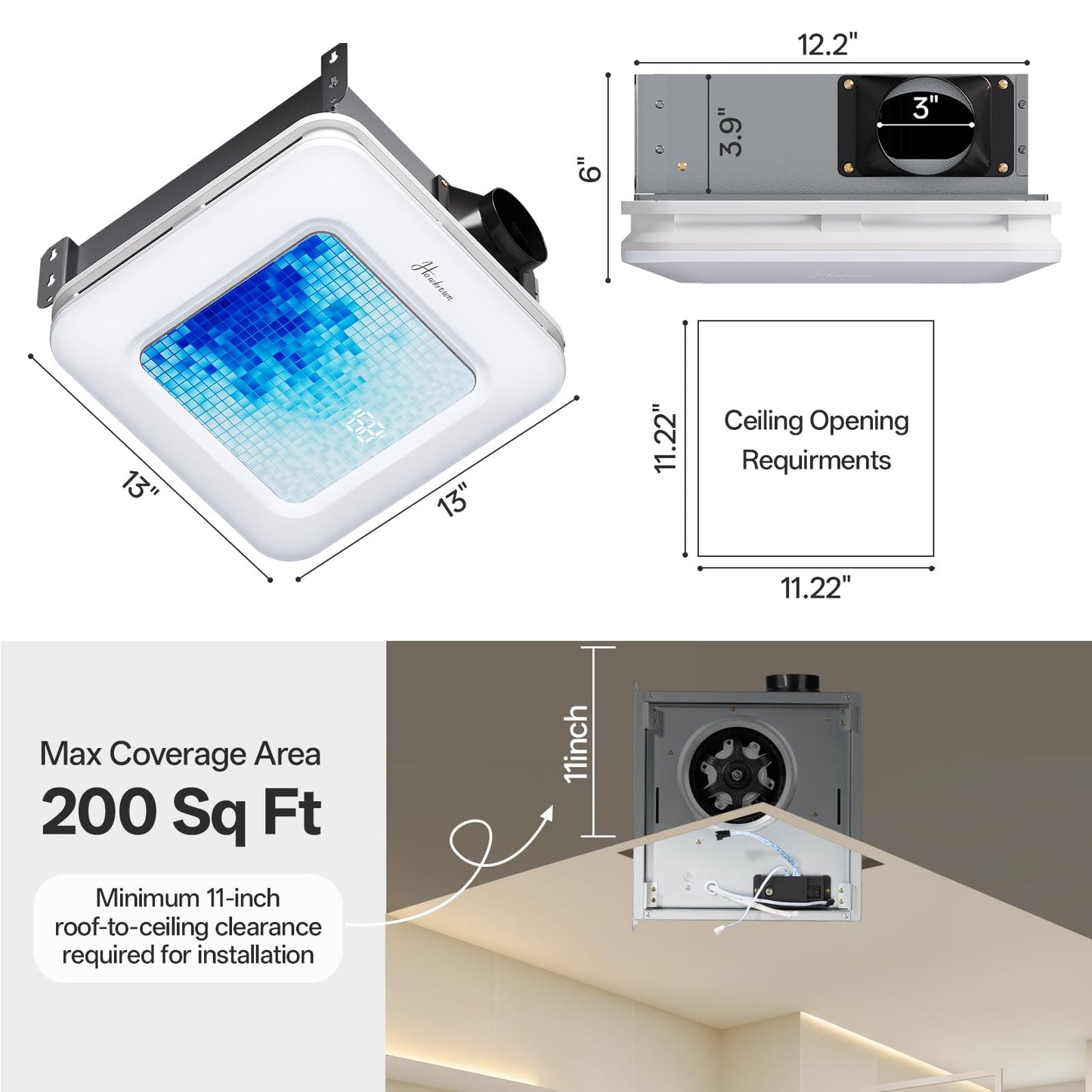 Hawkrown Bathroom Exhaust Fan with Light Humidity Sensor, Bathroom Fan with Odor & Humidity Sensor, 230 CFM 1.0 Sone Venlitation Fan with 3CCT LED Light 7 LED Color, Remote Control Easy Install