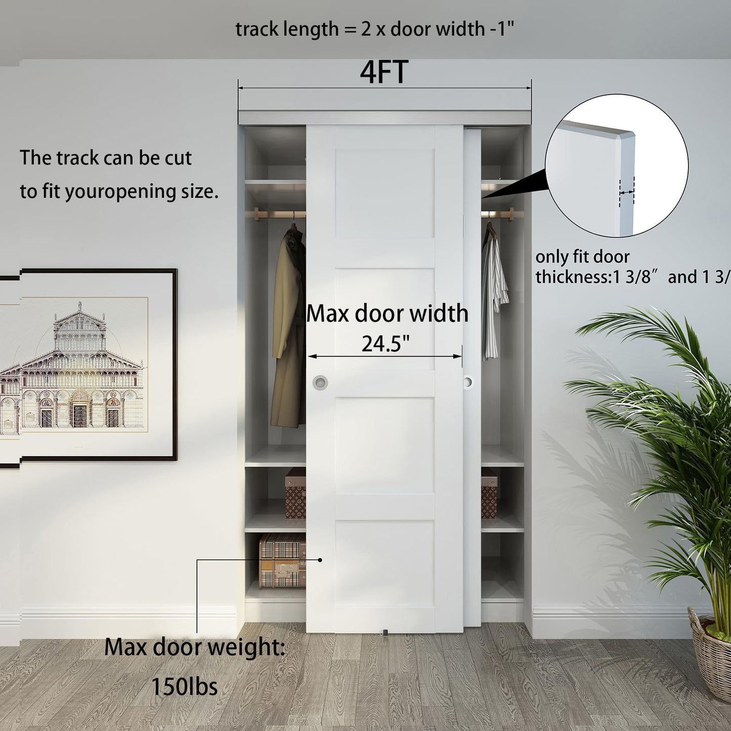 JUBEST Bypass Sliding Door Hardware 48", Aluminum Bypass Wardrobe Closet Door Hardware Set with 88LBS Two-Way Soft Close Mechanism, Smoothly and Quietly, for 2 Door System, Easy to Install
