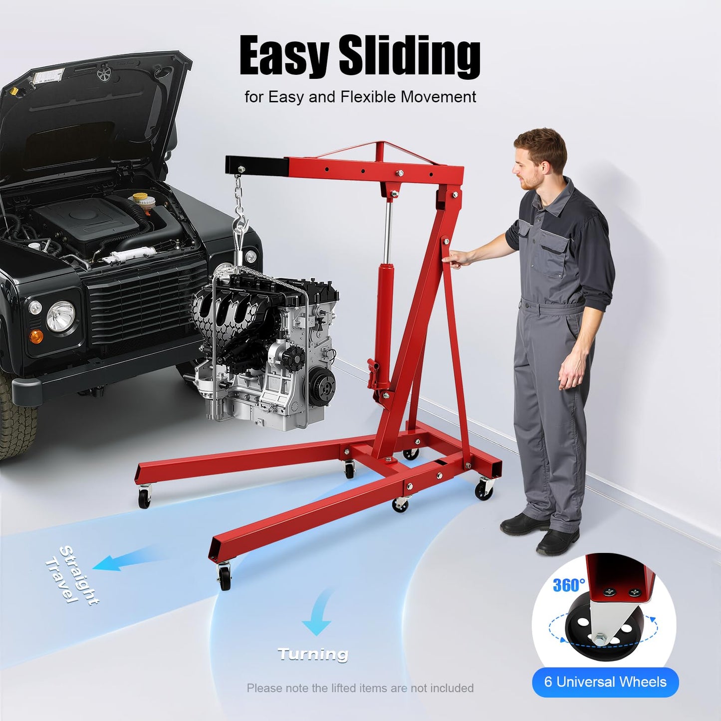 2T Hydraulic Engine Hoist, Folding Engine Crane, 6.89ft Lifting Height 4 Adjustable Positions Carbon Steel Material Argon Arc Welding Crane Complete Set W/6 Universal Wheels For Workshops, Red