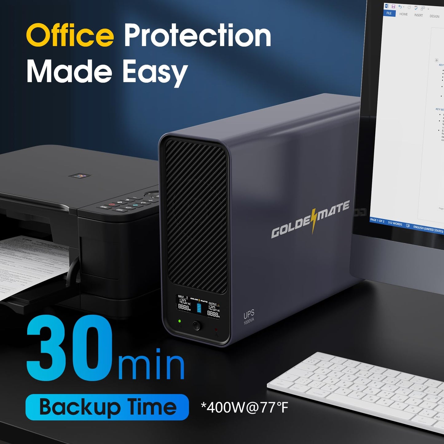 GOLDENMATE 1000VA/800W Lithium UPS Battery Backup and Surge Protector, Sinewave UPS System with LiFePO4 Battery(230.4 Wh), 2025 Upgraded Pro Ver. with Communication Port, 8 Outlets, LCD Display, Gray