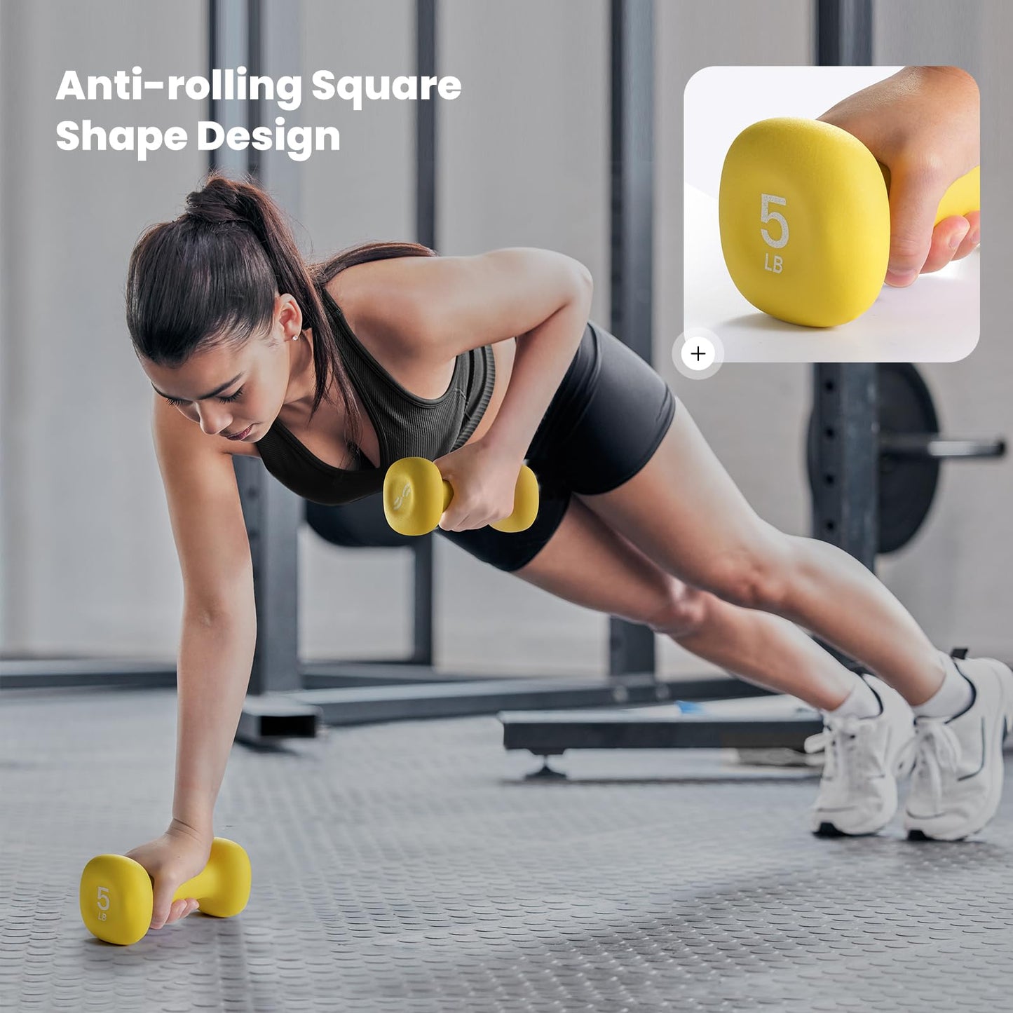 Sportneer Neoprene Dumbbells Set of 2, 2,3, 5, 8, 10lb Hand Weights for Women, Non-Slip Ergonomic Design, Anti-Roll Square Shape at home weights for women (Butter Yellow, 5lb-pair)