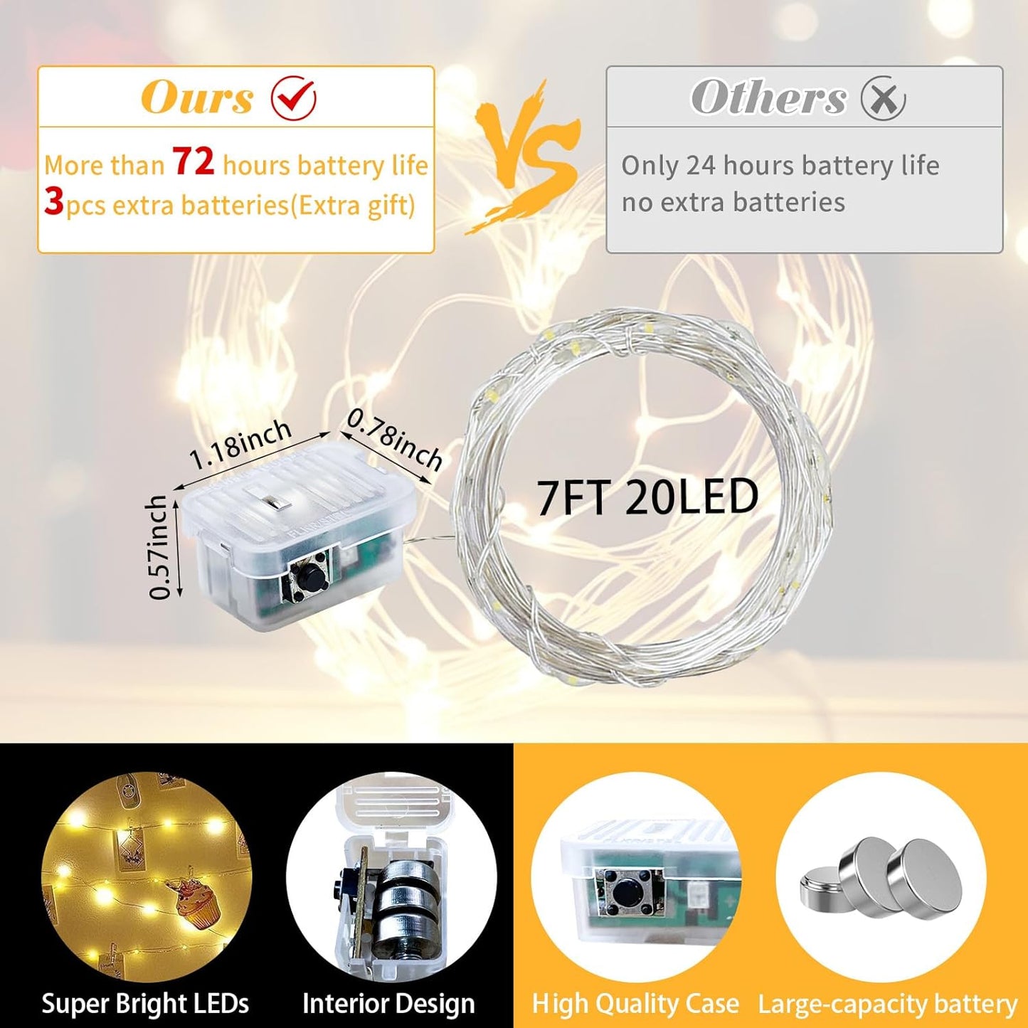 Skiennix 100 Pack Fairy Lights - 7Ft 20 LED Twinkle String Lights | Waterproof & Battery Operated for Weddings, Parties, & Decor - Warm White & White