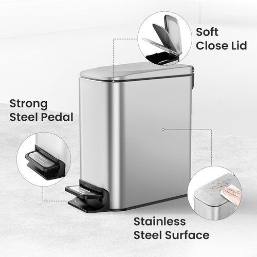 Cesun Stainless Steel Small Bathroom Trash Can - Soft Close Lid & Step Pedal | 6 Liter Mini Bin (Silver)
