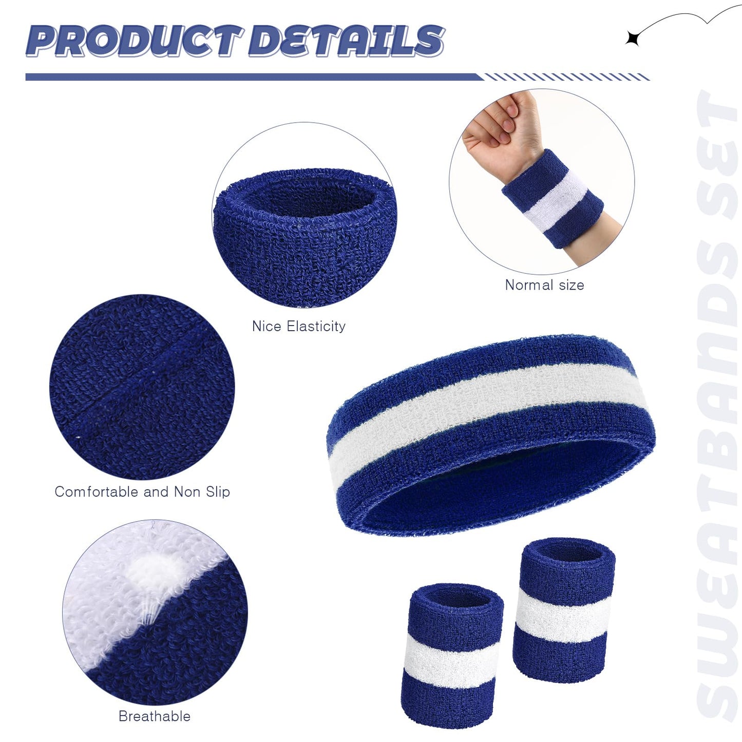 6 Pcs Terry Cloth Sweatbands Set - 2 LGBT Pride Headbands, 4 Rainbow Wristbands for Men, Women, Gym, Sports (Blue and White Striped)
