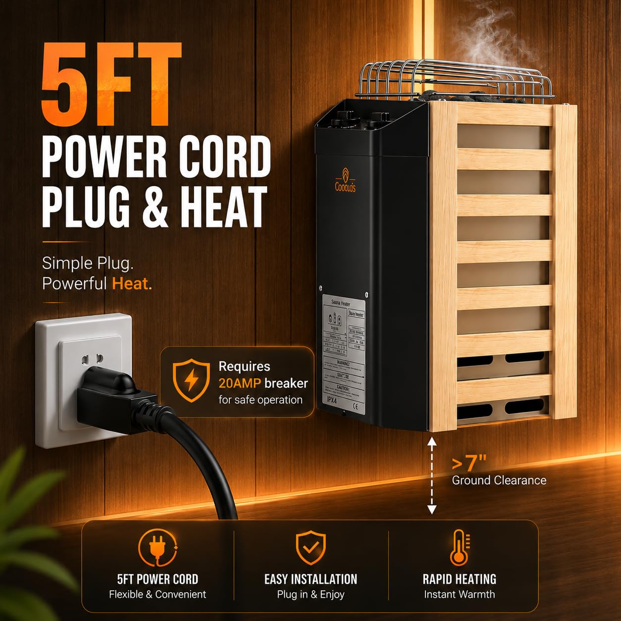 2KW 110V Sauna Heater with Plug, No Need for Wiring, Plug and Play, 100 Cu.Ft. Heated Area, Electric Sauna Heater with 3h Timera and Internal Temperature Control, Suitable for Small Sauna Rooms