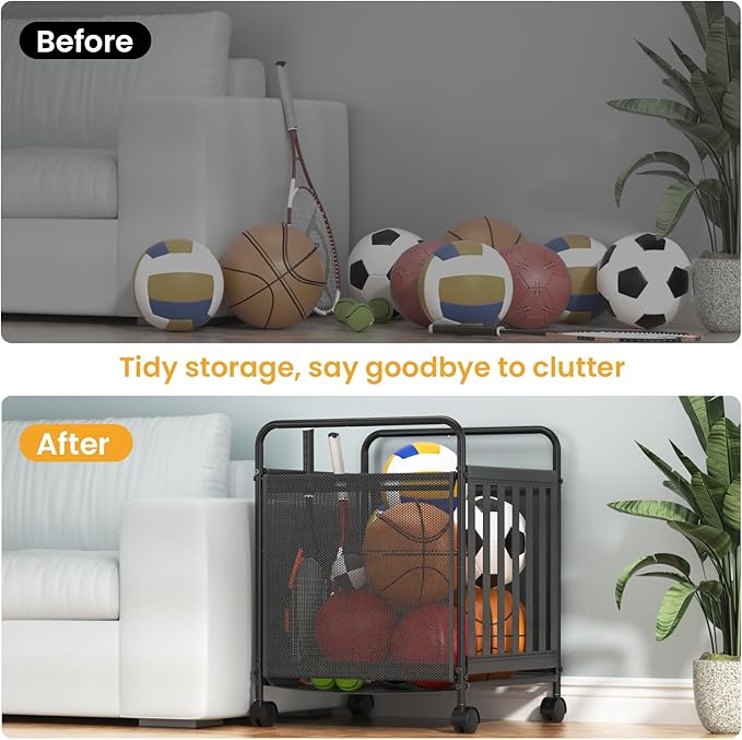Ball Storage Bin Rolling Storage,Garage Sports Equipment Organizer,Outdoor Toy Box, Gym and Schools, Garage Organization,Can Store basketballs, Footballs and Sports Equipment.(Black)