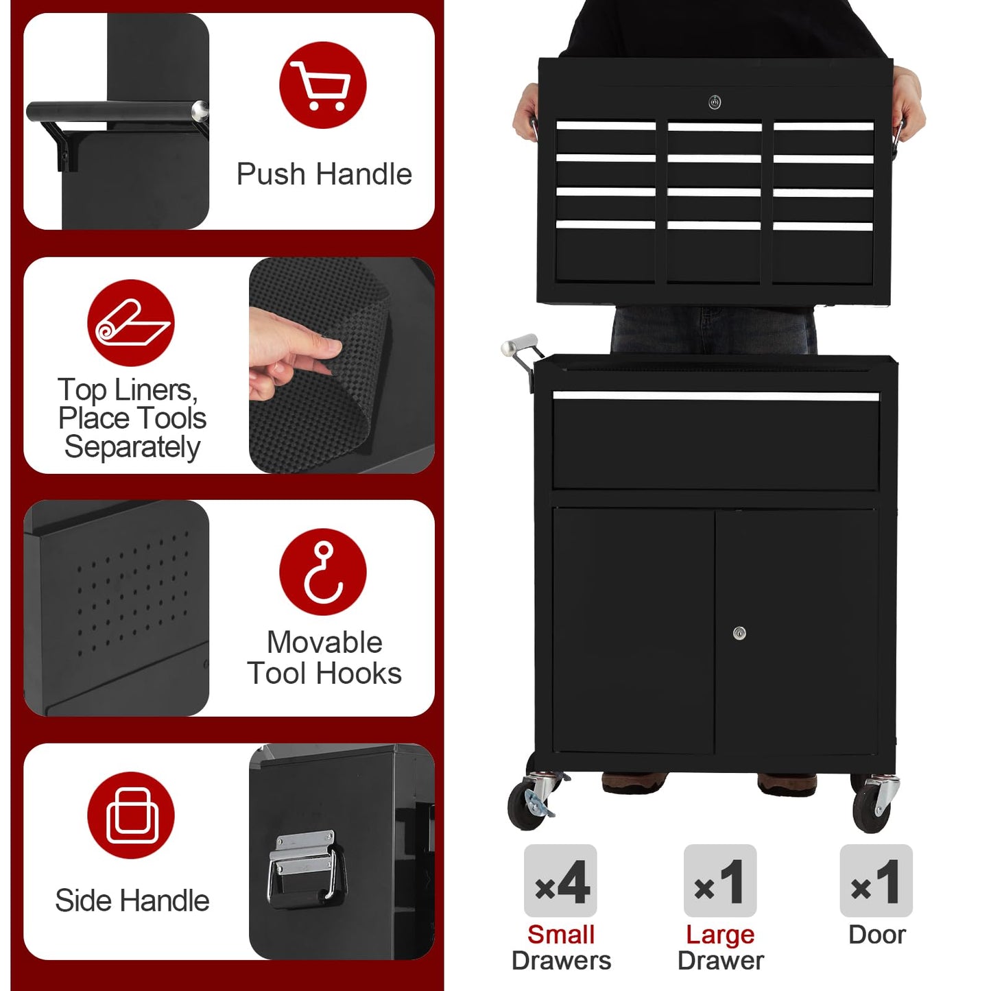 5-Drawer Rolling Tool Chest, 2-in-1 Detachable Top Tool Cabinet with Removable High Capacity Storage, Sliding Drawers, Wheels, Locking System & Liners for Workshop, Mechanics, Garage and Warehouse Use