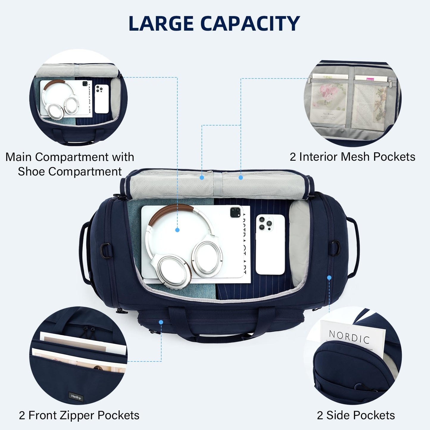 HanTrip Large Travel Duffle Gym Bag with Shoe Compartment, Underseat Carry On Luggage Overnight Weekender Personal Item Workout Bags for Women Men (Navy Blue)