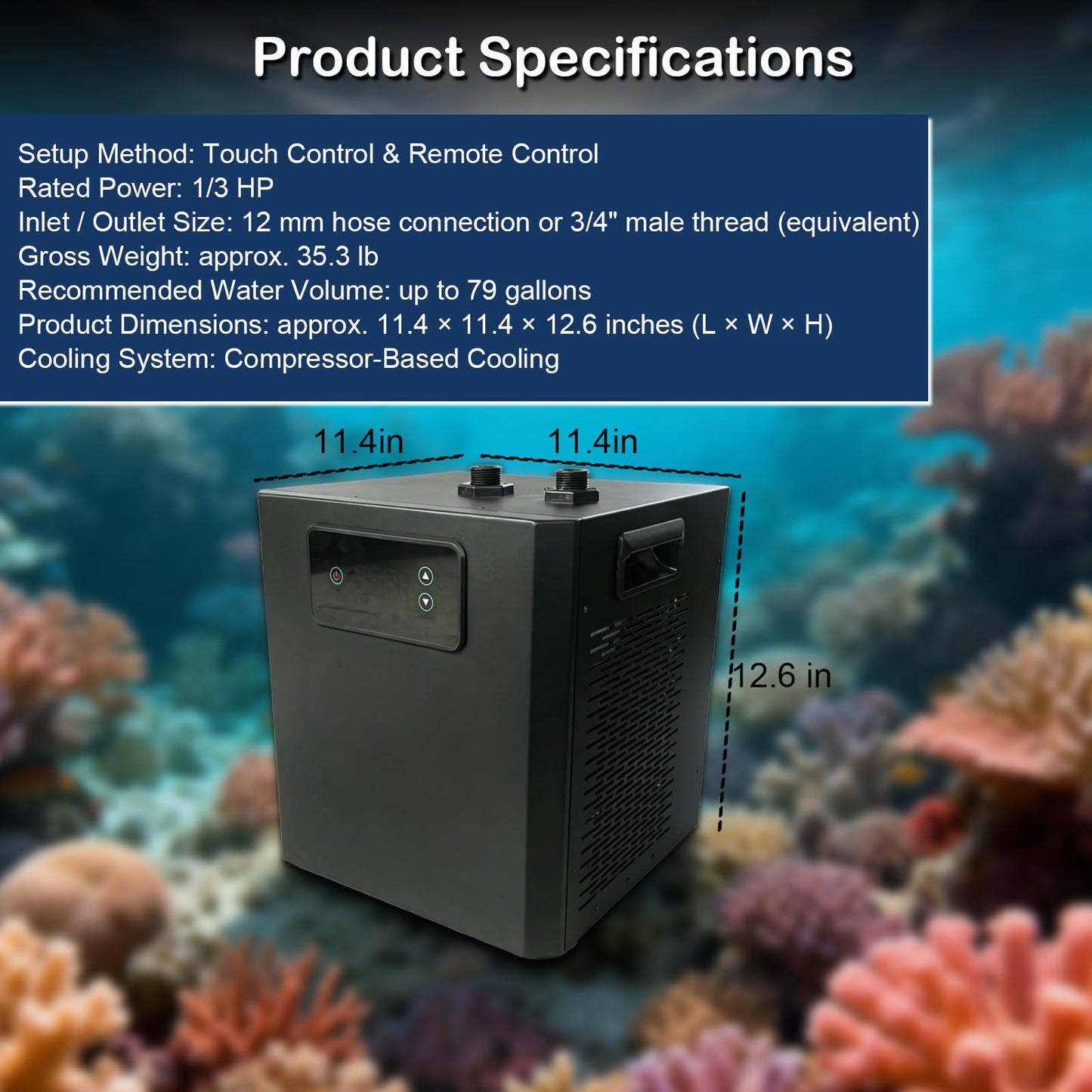 KIPPDURO Aquarium Chiller 79 GAL 1/3 HP, Quiet Fish Tank Water Chiller with LED Touch Screen, Fast Cooling Compressor, Temperature Control for Aquarium, Coral Reef, Hydroponics, Axolotl (300 L)