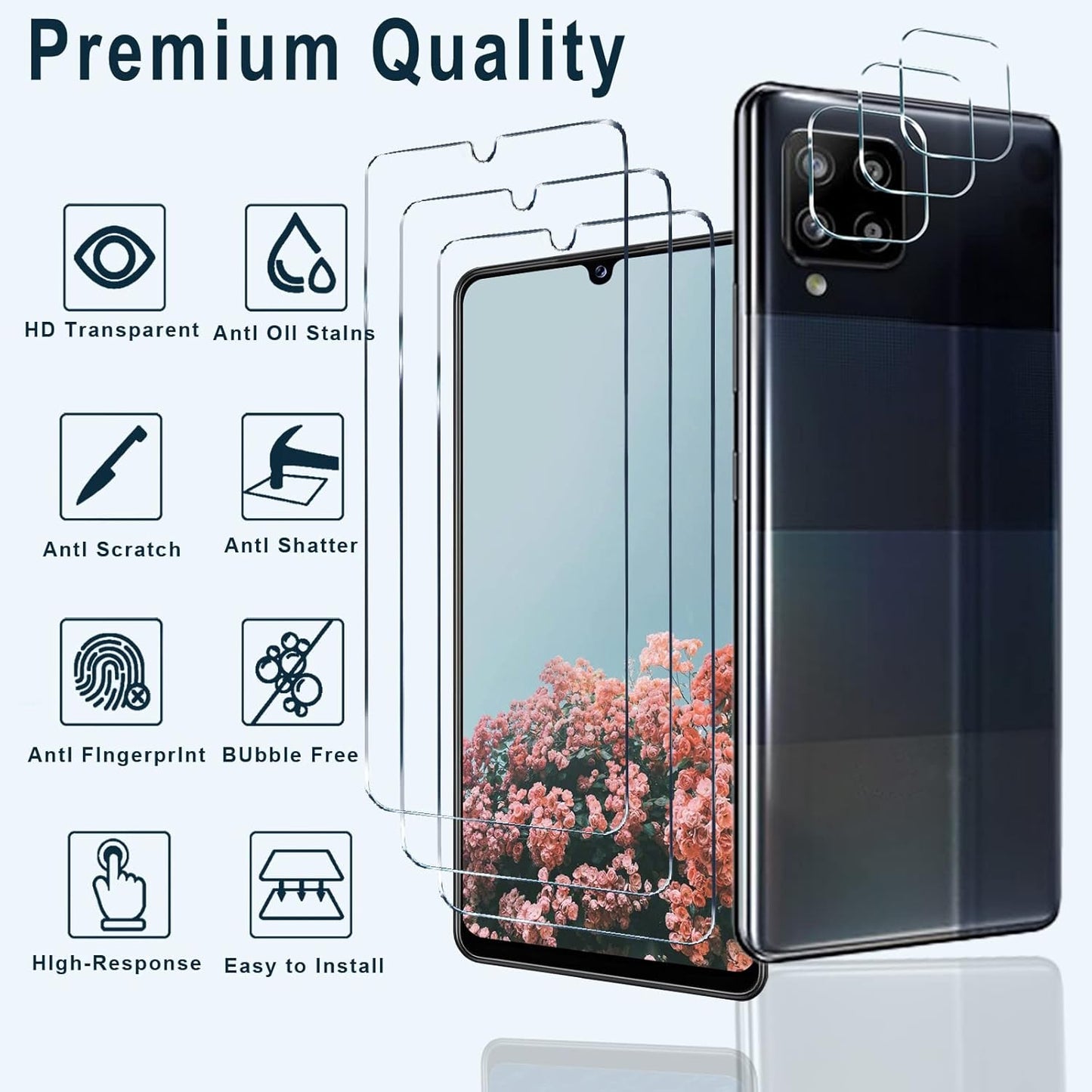 [3+3 Pack] A42 9H A42 5G Designed for Samsung Galaxy Screen Protector + Camera Lens Protector, Easy Installation
