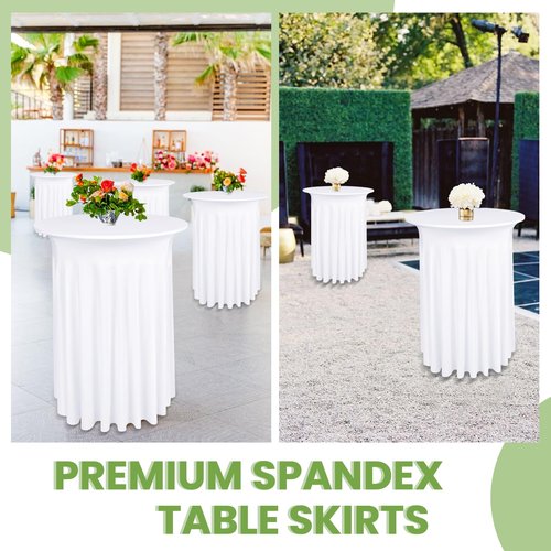 LOKUME 4 Pack Round Cocktail Table Skirts 32 x 43 Inch White Spandex Stretch Cocktail Tablecloth with Wavy Drapes Stretch Fitted Round High Top Table Covers for Wedding Bar Party Banquet