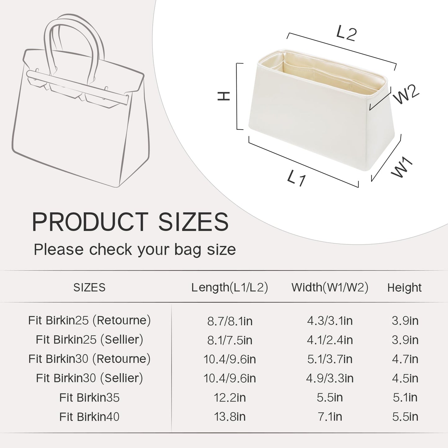DGAZ Moon Fits for Hermes Bag Insert, Premium Silk Purse Organizer Insert, Smooth Touch & Lightweight，Luxury Handbag Organizer with Gift Box Fits For Brikin 30(BK30 Retourne,Craie)