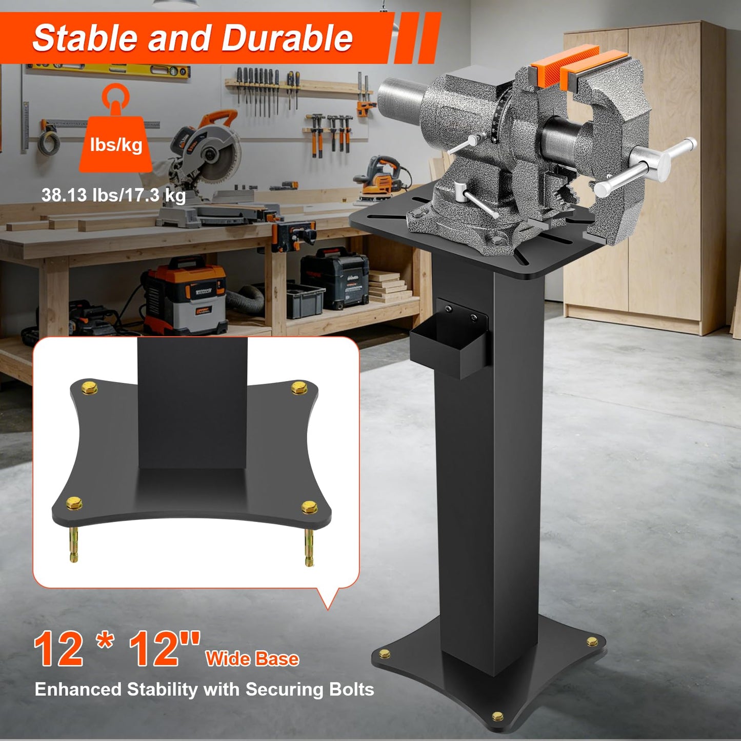 LMYYGOO Bench Grinder Stand, Heavy-Duty Floor Pedestal with 13.77" x 9.84" Mounting Plate, 32.67" Height, Pre-Cut Slots & Water Pot, Compatible with Bench Grinders, Vises, Drill Press and More