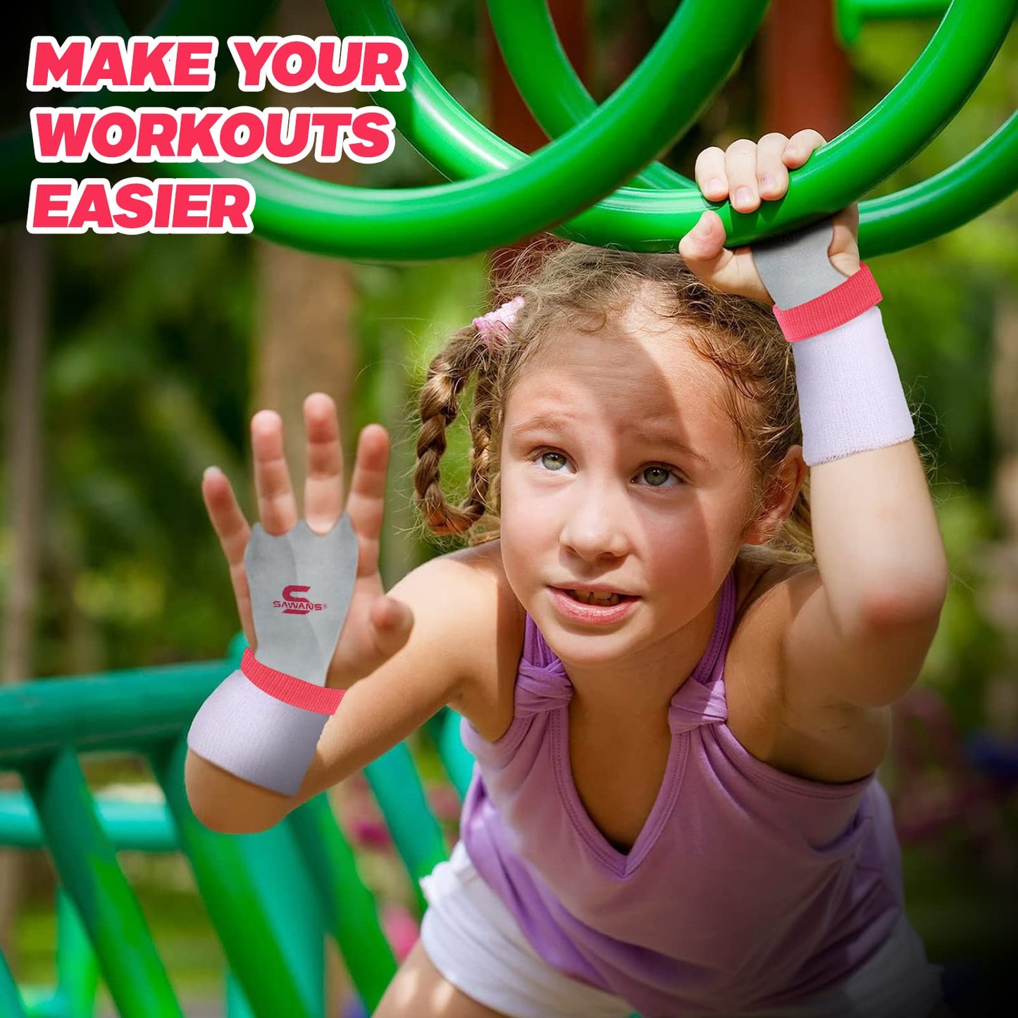 SAWANS Leather Palm Hand Grips Gymnastic Pull-up Training Palm Protector for Kids Children Wrist Straps Workout Strong Support Heavy Duty Junior Palm Protection Equipment Fitness (Pink White, M)