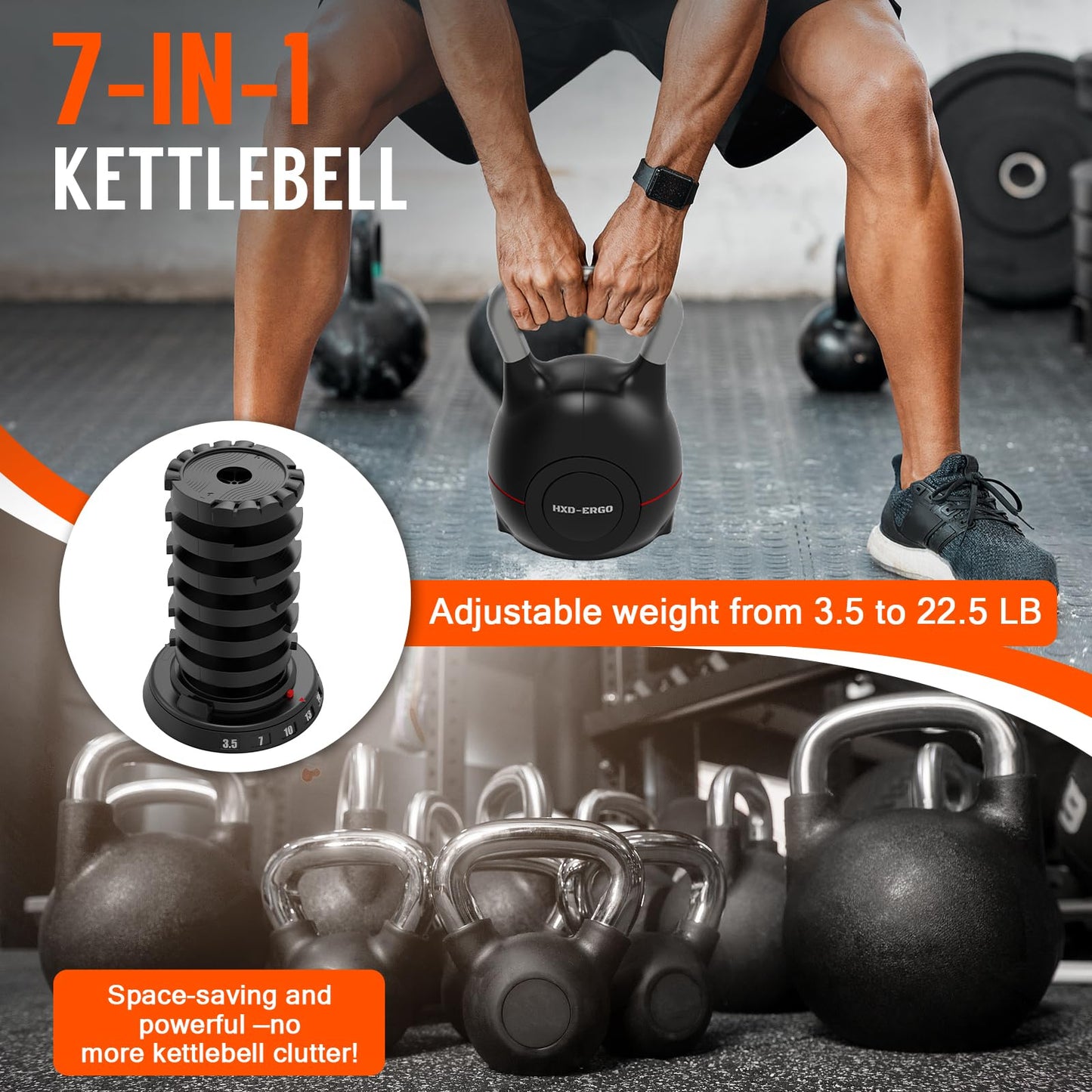 HXD-ERGO Adjustable Kettlebell Weight Set-Quickly Adjusts 7 Weights,Ergonomic kettlebell sets for Home Gym (Black（3.5-22.5LBS）)