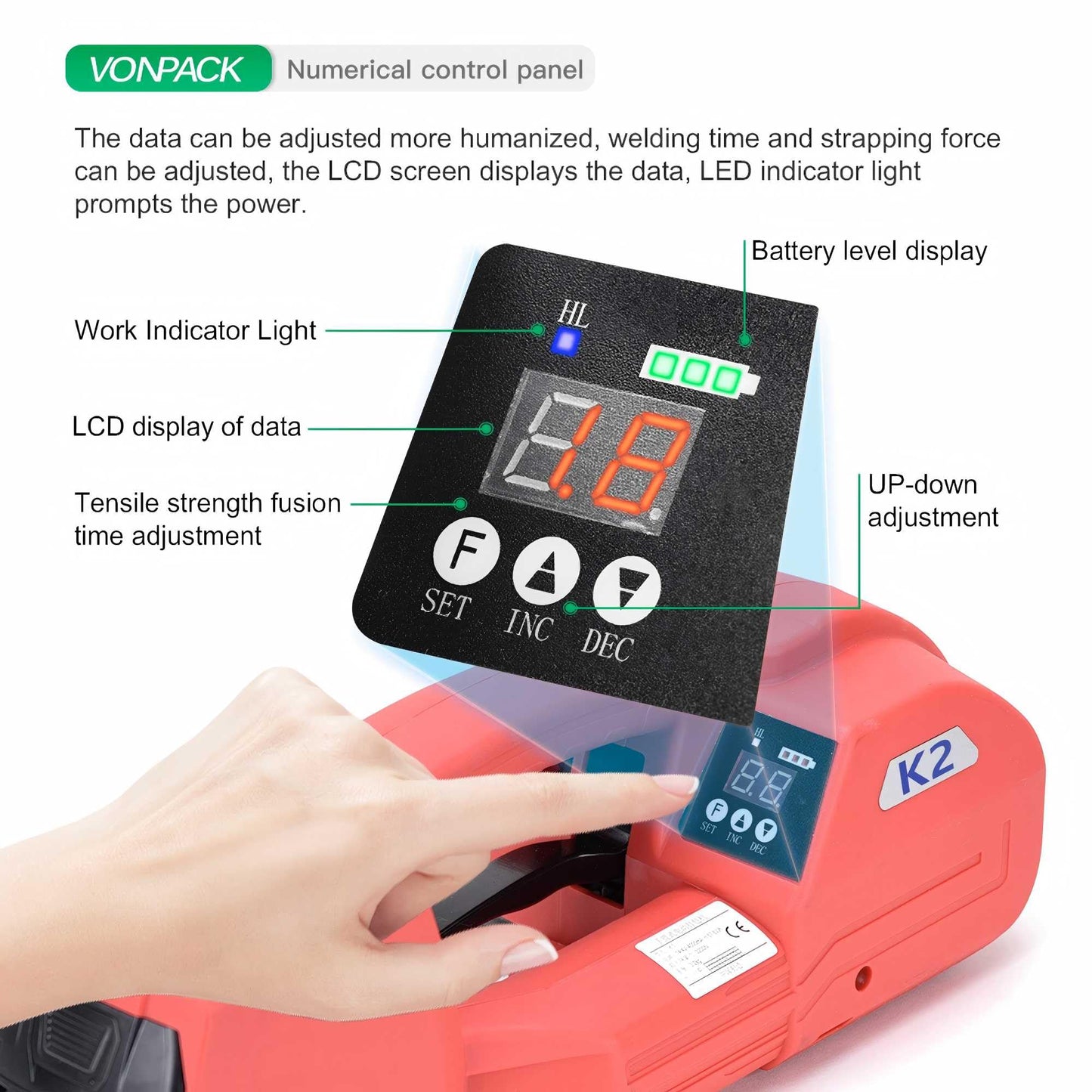 VONPACK Electric Strapping Machine with Digital Display Screen, Strapping Tool for Width 1/2-2/3 inch 1X4000mAh Battery Handheld Banding Tool for PP PET Packaging Machine for Carton Pallet Wood