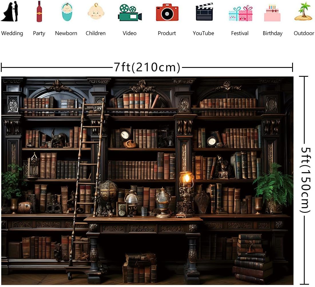 BINQOO Medieval Bookshelf Backdrop Bookcase Photography Background Bookshelf Library Backdrops Wall Hanging Dark