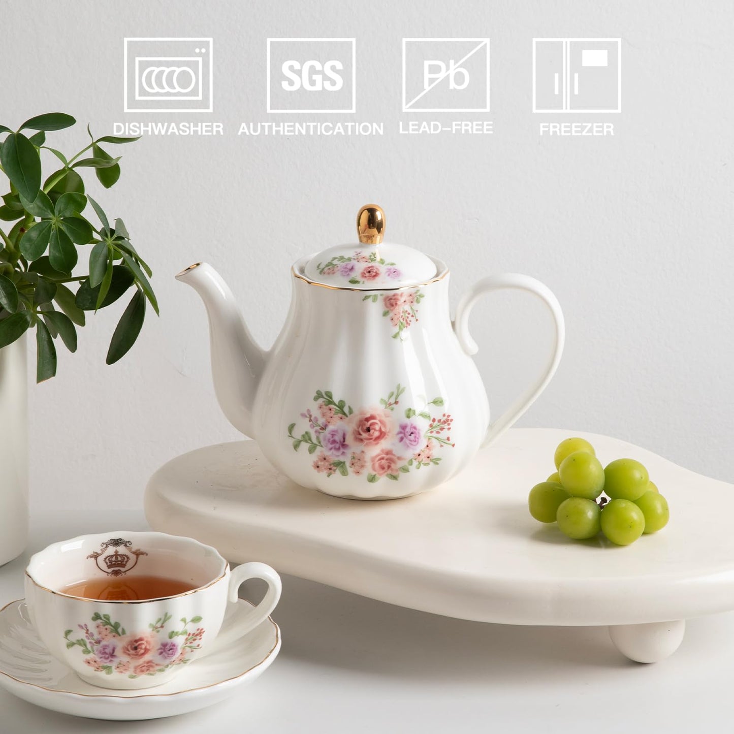 Sweejar Royal Teapot, Ceramic Tea Pot with Removable Stainless Steel Infuser, Blooming & Loose Leaf Teapot (Rose Flower, 28 Ounce)