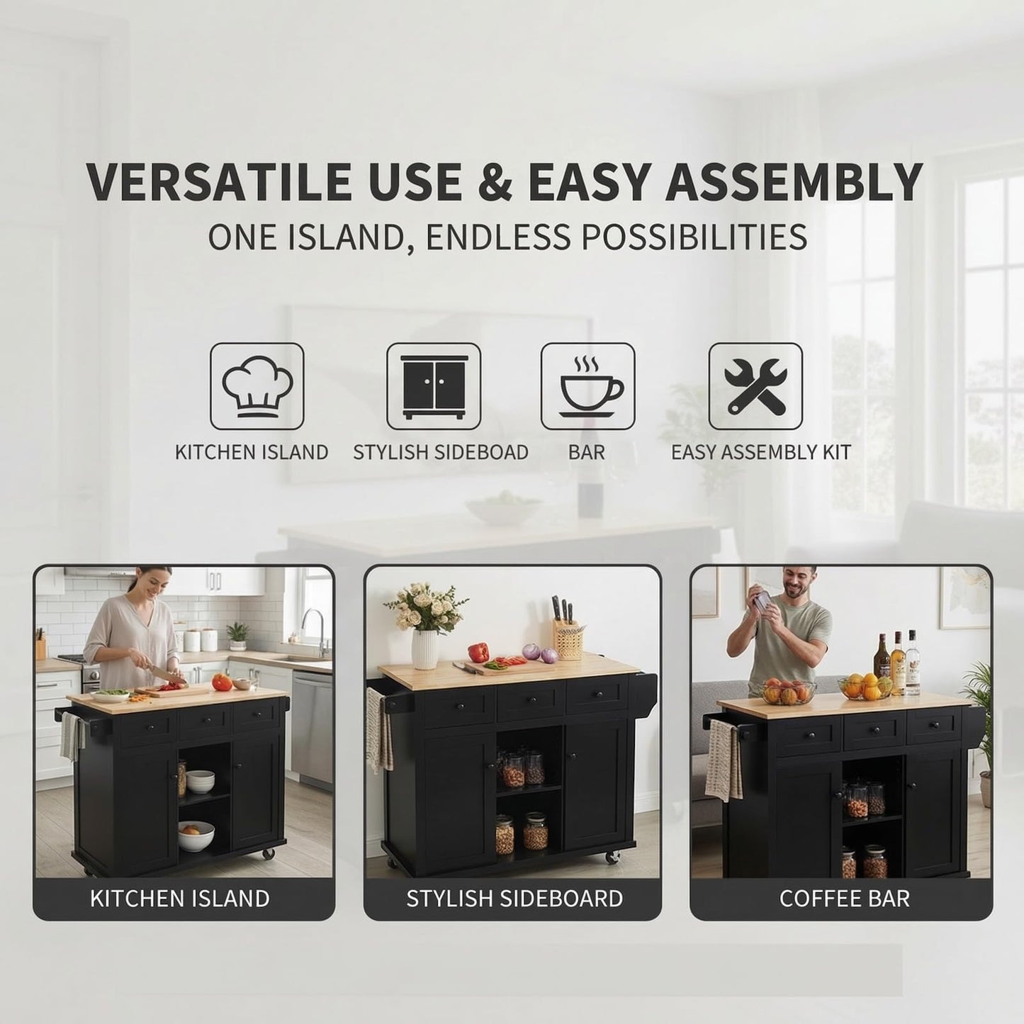Waully 53'' Mobile Kitchen Island with Seating, Rolling Kitchen Island with Storage and Drop Leaf, 3 Drawers Islands Cart Rubberwood Top, 2 Open Shelves, Isla para Cocina, Black + 2 StooIs