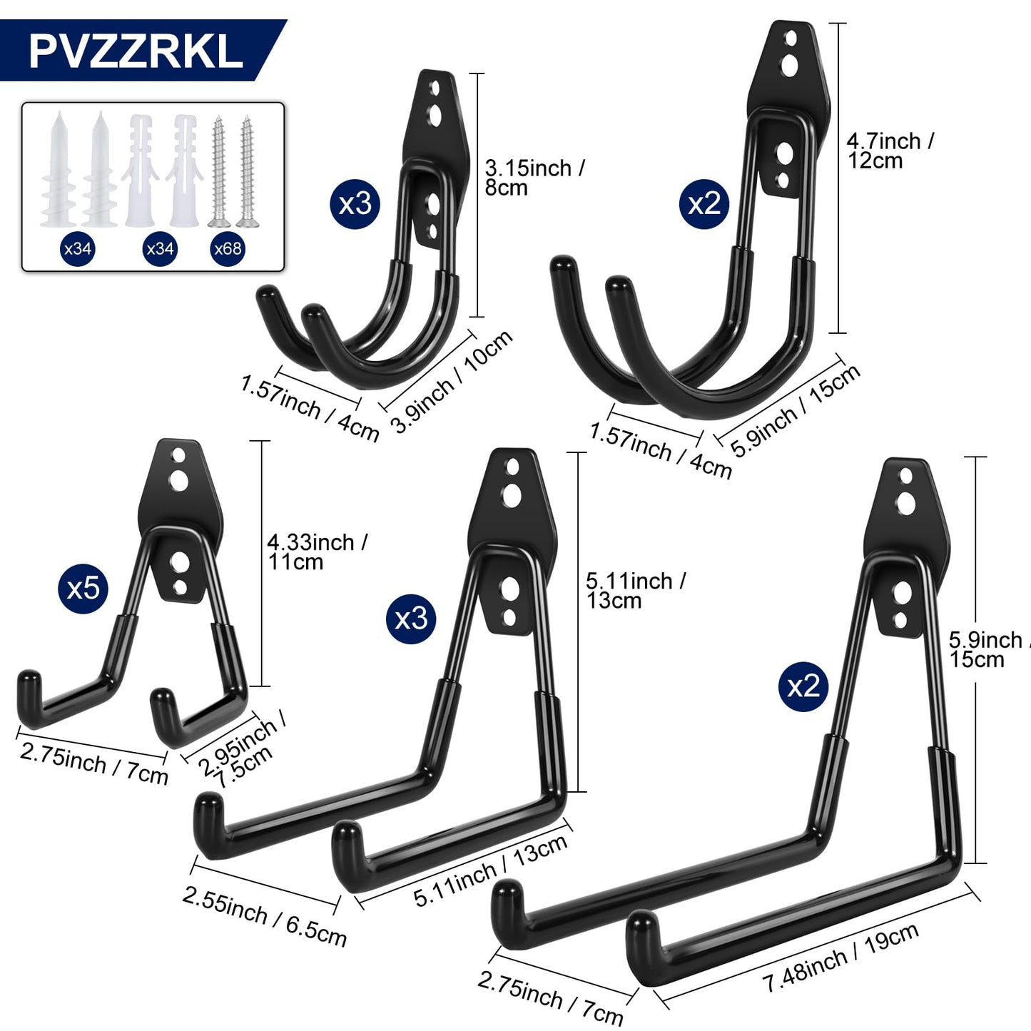 PVZZRKL 18 Pack Garage Hooks, Anti-Slip Coating, Hooks for Hanging Heavy Duty for Garages, Bicycles, Ladders, Gardening, Tools, Including 3 Organizing Straps
