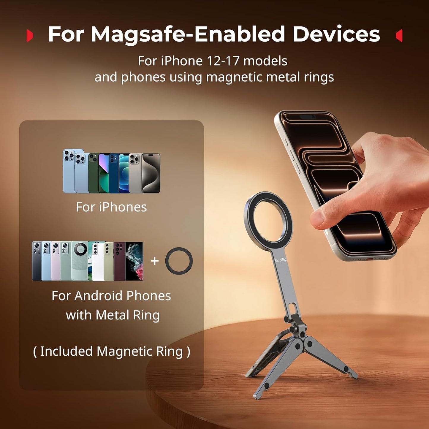 SMALLRIG 1/4" 270 17/16/15/14/13 -5649 Dual Magnetic Phone Tripod, Metal Cell Phone Mount Grip with Threads, Adjustable