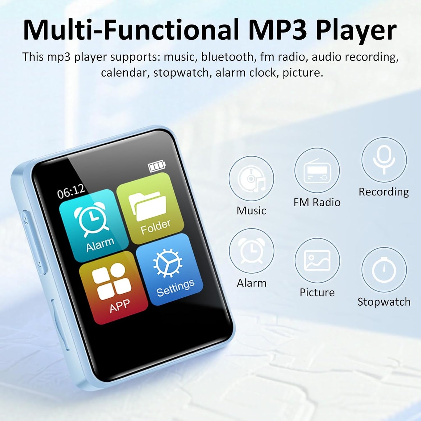 VANSING 32GB MP3 1.8 inch MP3 512GB(Blue) Player for Kids, Portable Small Music Bluetooth Player with Speaker, FM