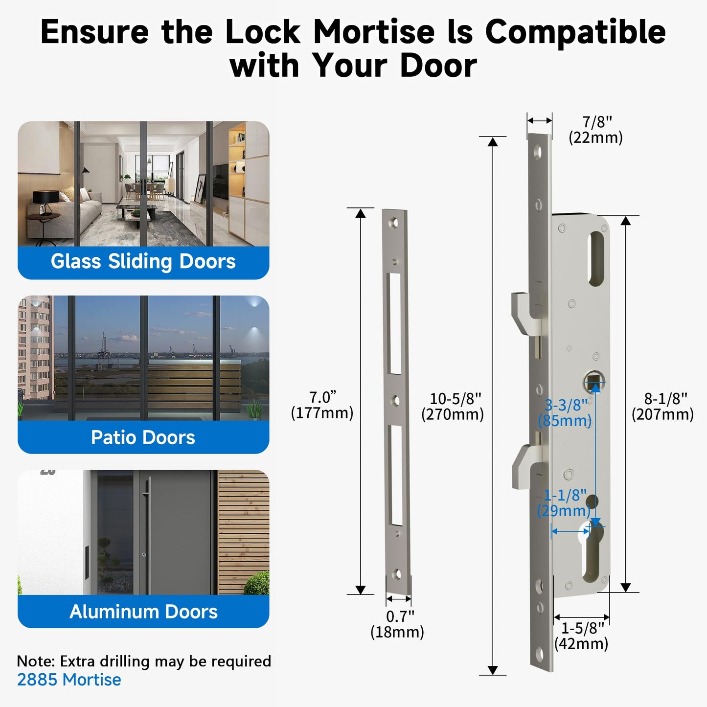Sliding Glass Door Smart Lock with Handle Keyless Entry Sliding Door Lock with Image Doorbell Fingerprint Code RFID Card Keypad Key WiFi Remote Replacment Slim Thin Frame Patio Door 2885 Mortise Lock