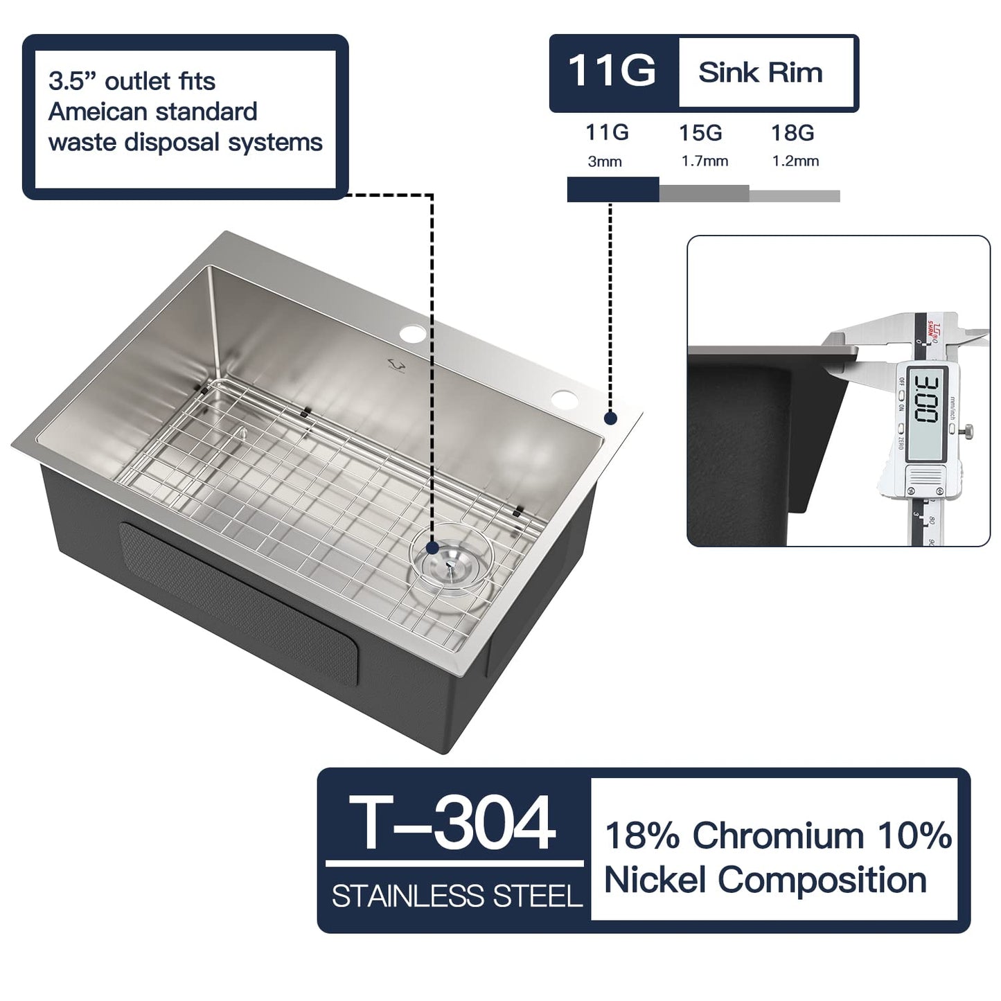 Kitchen Sink 27 x 22 inch Drop-In Top Mount 16 Gauge Tight Radius Single Bowl 2-Hole Stainless Steel Kitchen Sink and Accessories (Pack of 4)