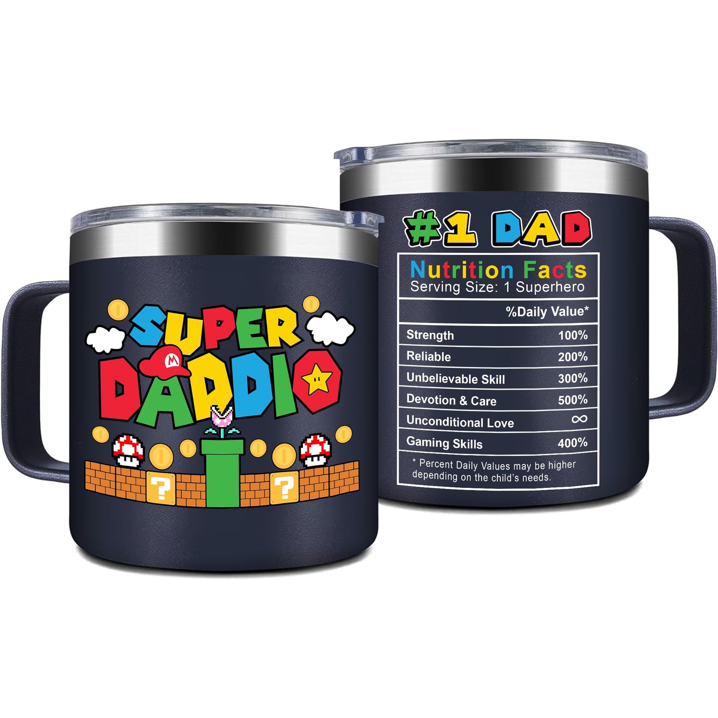 Gossby 14oz Super Daddio Travel Coffee Mug Tumbler - No. 1 Dad Nutrition Facts - Christmas, Fathers Day, Birthday Gift for Dad from Daughter Son Kid - Insulated Stainless Steel Cup with Handle