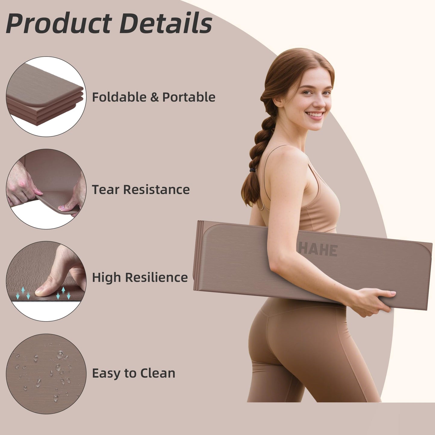 Foldable Yoga Mat,74"Lx32"Wx1/3"Thick,Folding Exercise Mat,Non-slip Wide Pilates Mats for Home Workout/Travel, Portable Yoga Mat Thick for Yoga/Pilates/Camping/Floor Exercises (Brown)