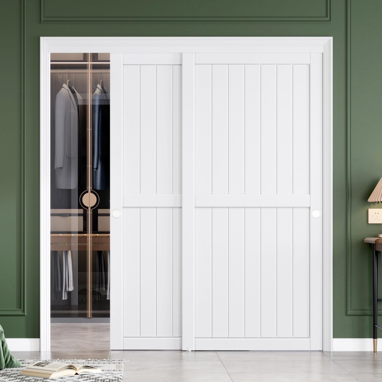 FREDBECK Sliding Closet Doors 72x80(Double 37inch),Bypass Barn Door with Hardware,for Bedroom,White,H Frame,Assemble Required